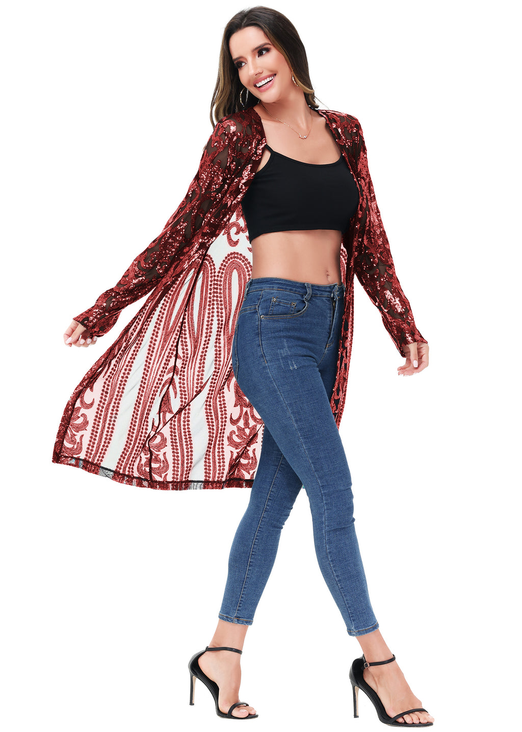Cárdigan con lentejuelas brillantes para mujer de Anna-Kaci, manga larga, frente abierto, kimono con purpurina