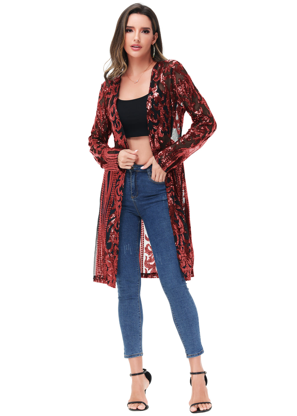 Cárdigan con lentejuelas brillantes para mujer de Anna-Kaci, manga larga, frente abierto, kimono con purpurina