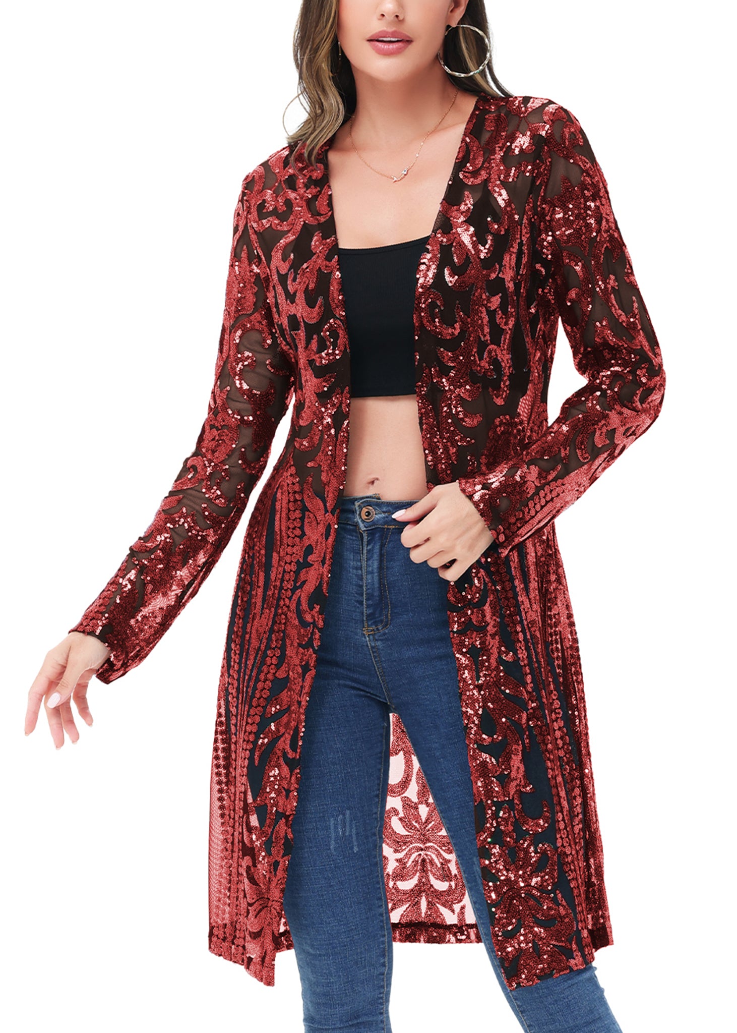 Cárdigan con lentejuelas brillantes para mujer de Anna-Kaci, manga larga, frente abierto, kimono con purpurina