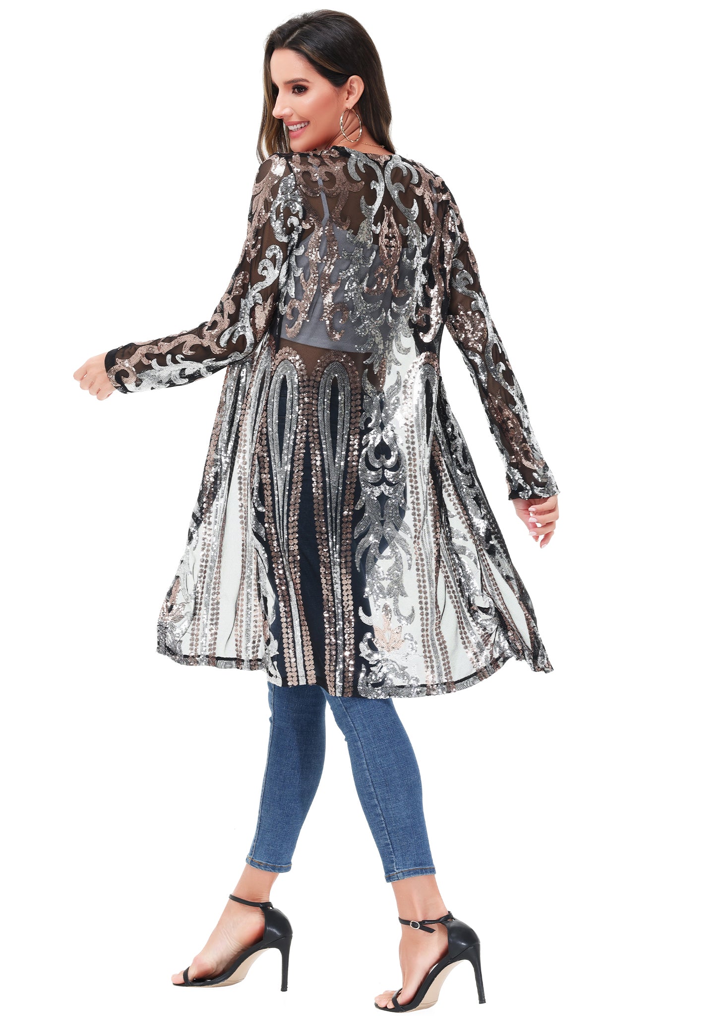 Cárdigan con lentejuelas brillantes para mujer de Anna-Kaci, manga larga, frente abierto, kimono con purpurina