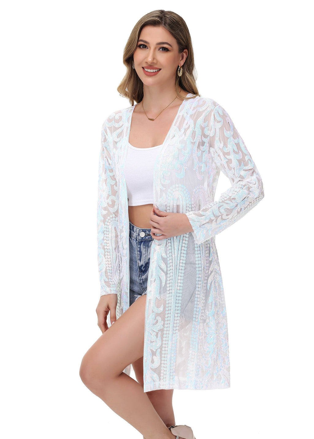 Cárdigan con lentejuelas brillantes para mujer de Anna-Kaci, manga larga, frente abierto, kimono con purpurina