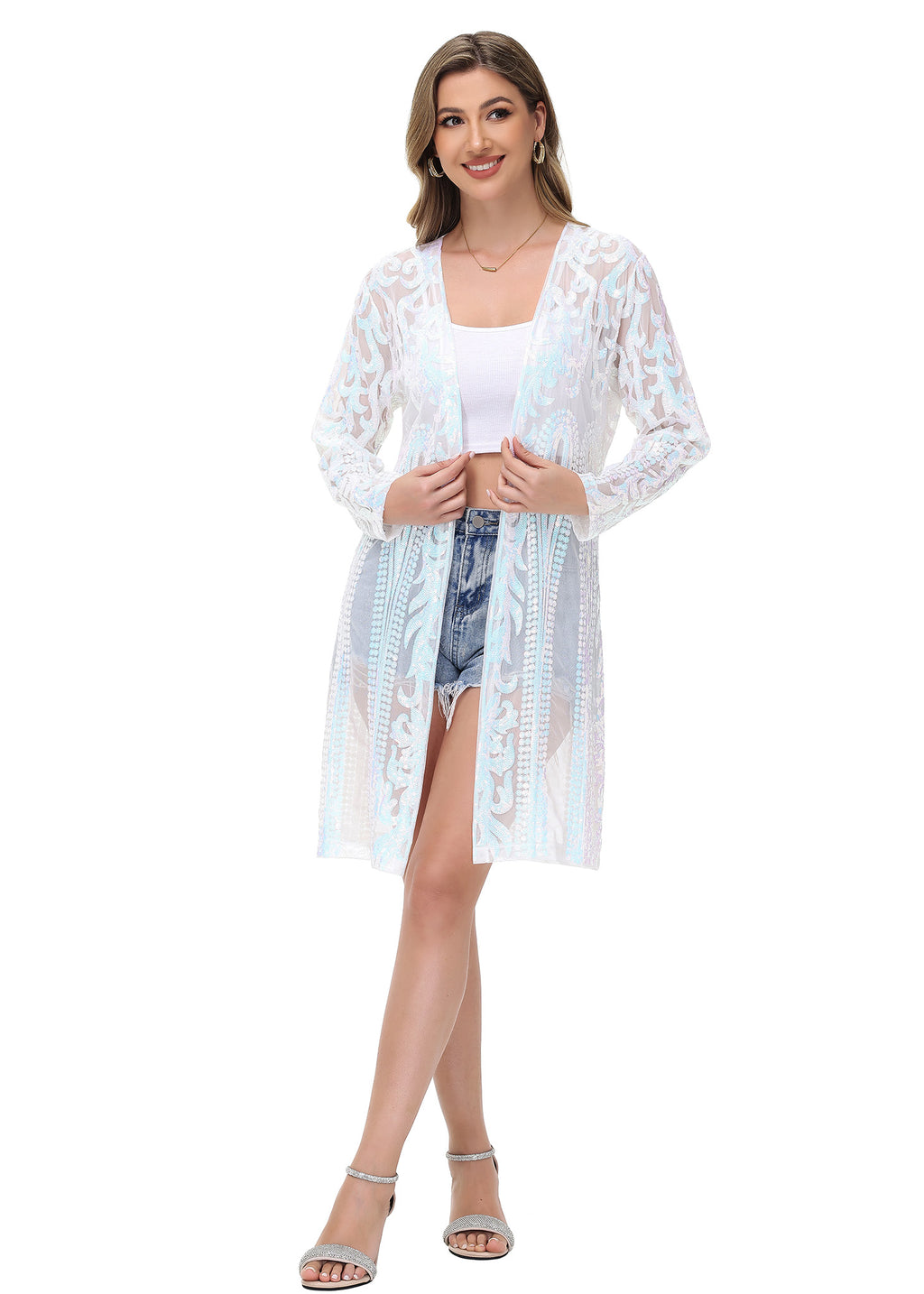 Cárdigan con lentejuelas brillantes para mujer de Anna-Kaci, manga larga, frente abierto, kimono con purpurina