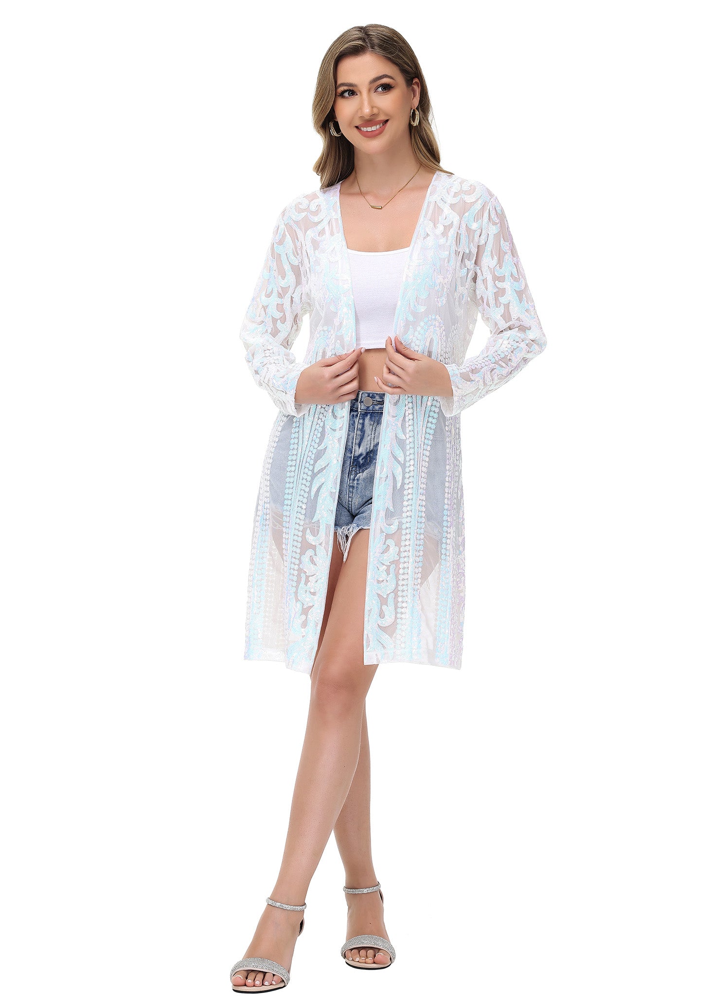 Cárdigan con lentejuelas brillantes para mujer de Anna-Kaci, manga larga, frente abierto, kimono con purpurina