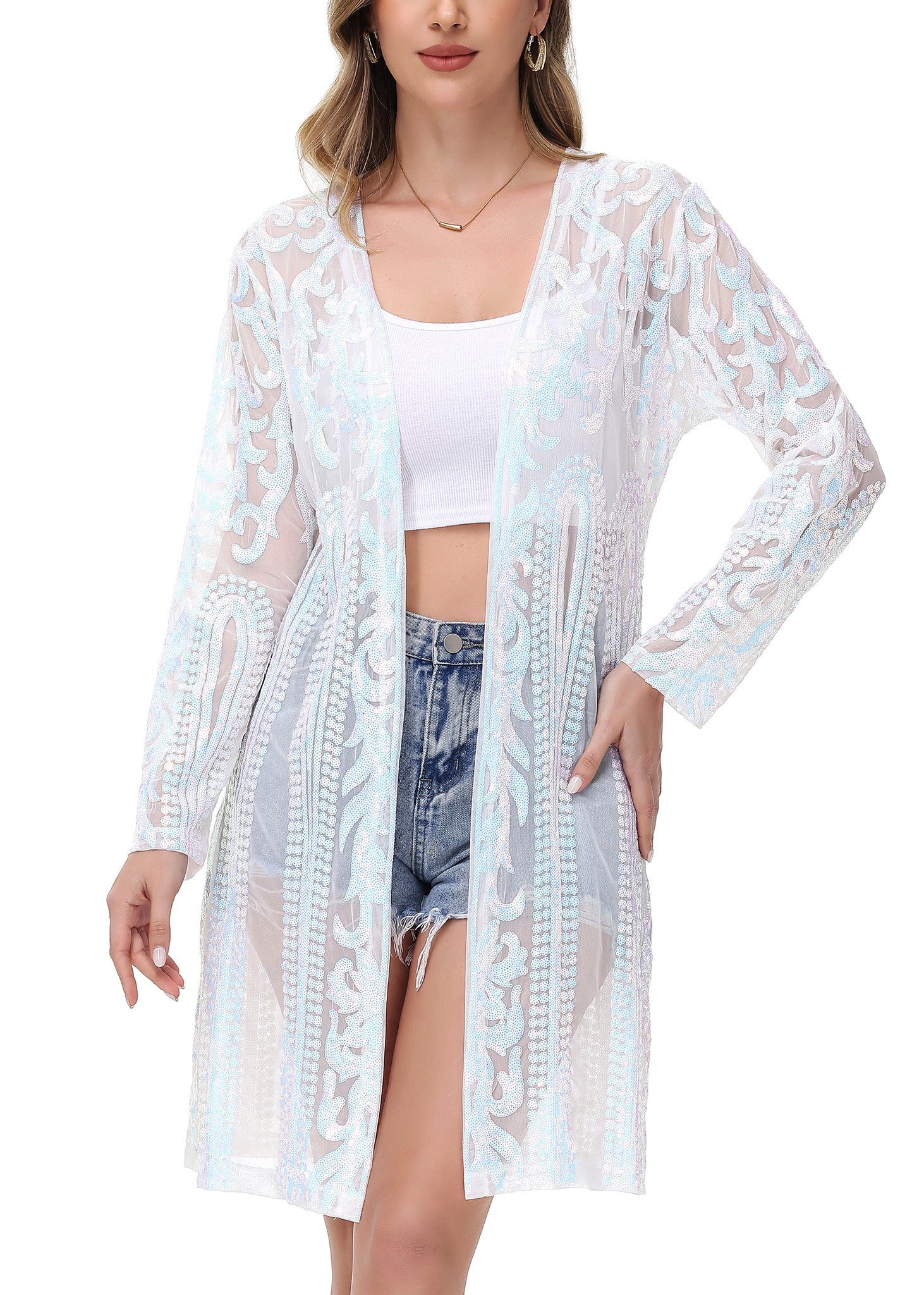 Cárdigan con lentejuelas brillantes para mujer de Anna-Kaci, manga larga, frente abierto, kimono con purpurina