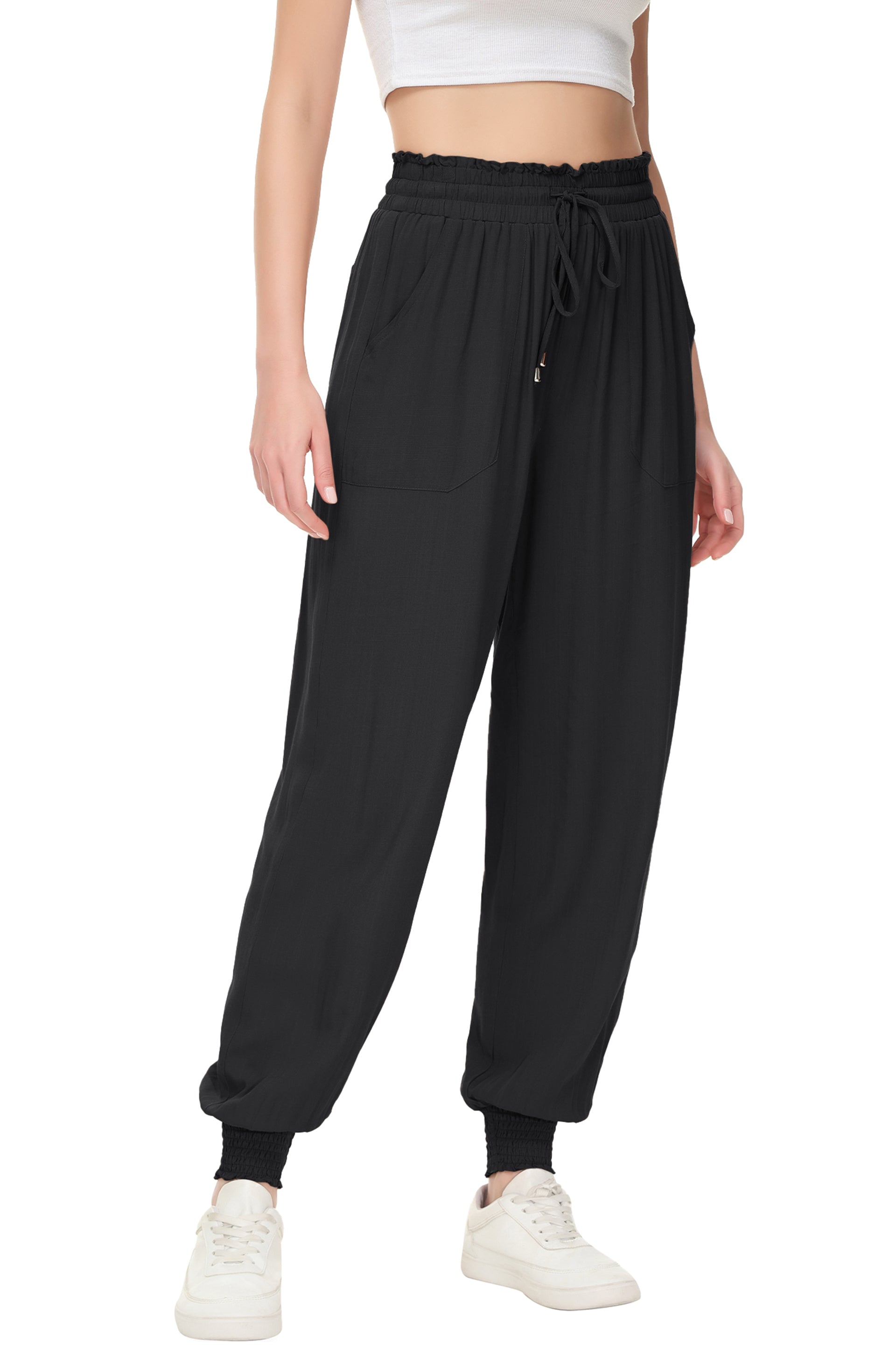Pantalones de salón de verano para mujer de Anna-Kaci, pantalones casuales holgados de cintura alta, pantalones de chándal ajustados con cordón y bolsillos