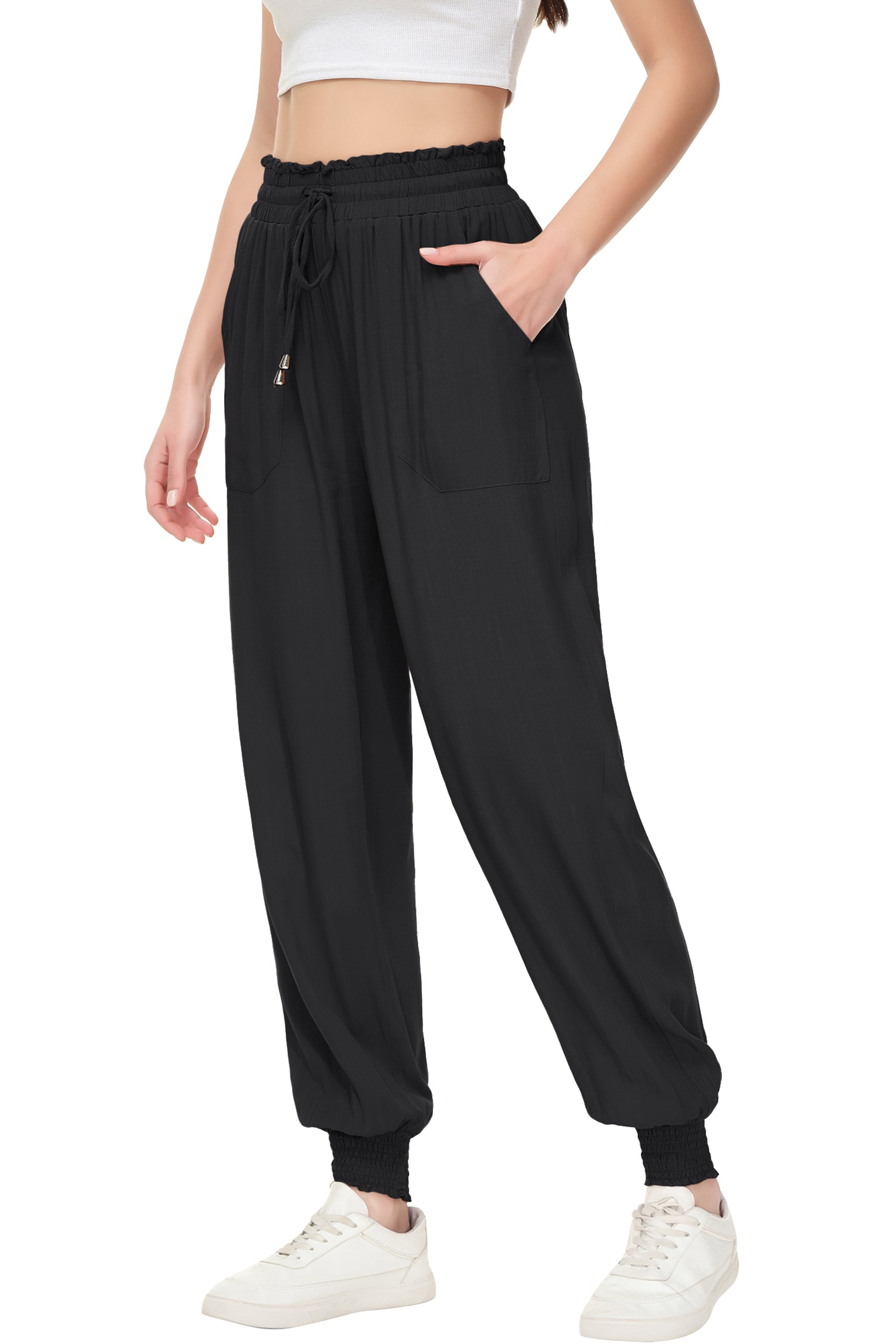 Pantalones de salón de verano para mujer de Anna-Kaci, pantalones casuales holgados de cintura alta, pantalones de chándal ajustados con cordón y bolsillos