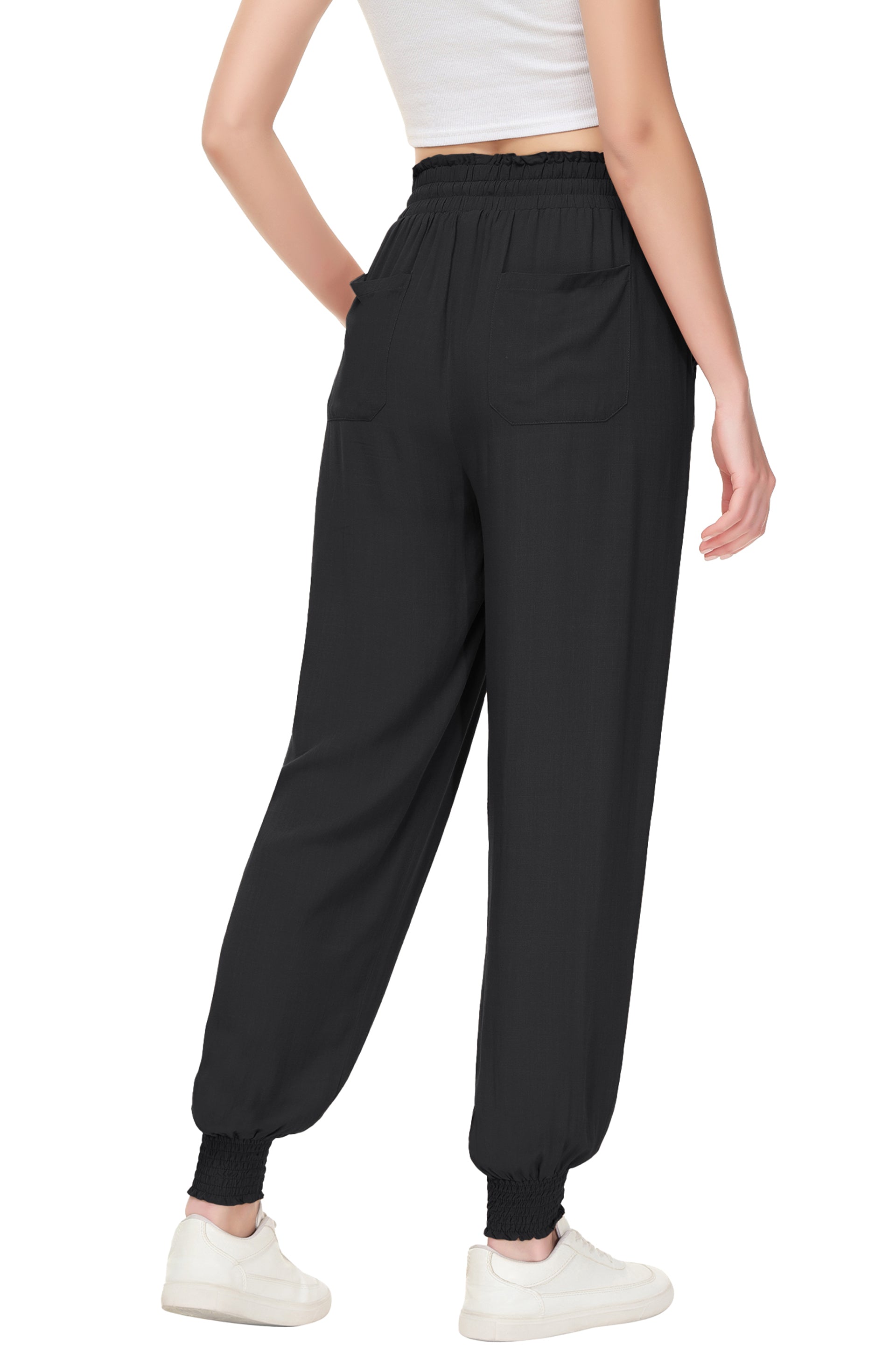 Pantalones de salón de verano para mujer de Anna-Kaci, pantalones casuales holgados de cintura alta, pantalones de chándal ajustados con cordón y bolsillos