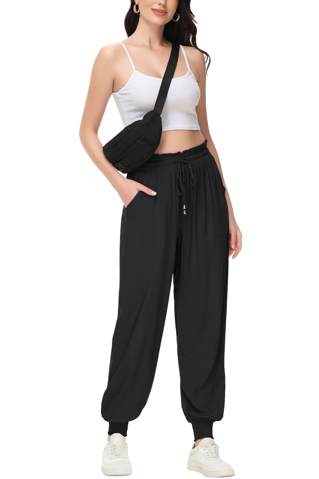 Pantalones de salón de verano para mujer de Anna-Kaci, pantalones casuales holgados de cintura alta, pantalones de chándal ajustados con cordón y bolsillos