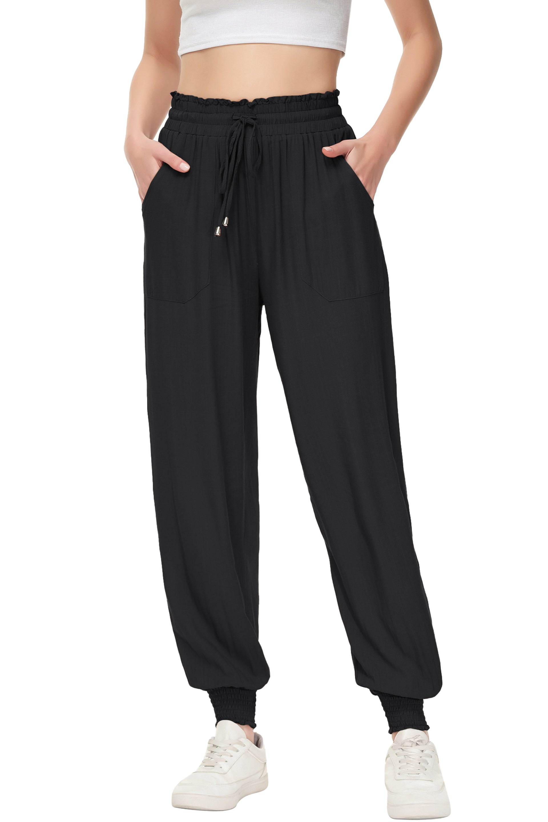 Pantalones de salón de verano para mujer de Anna-Kaci, pantalones casuales holgados de cintura alta, pantalones de chándal ajustados con cordón y bolsillos