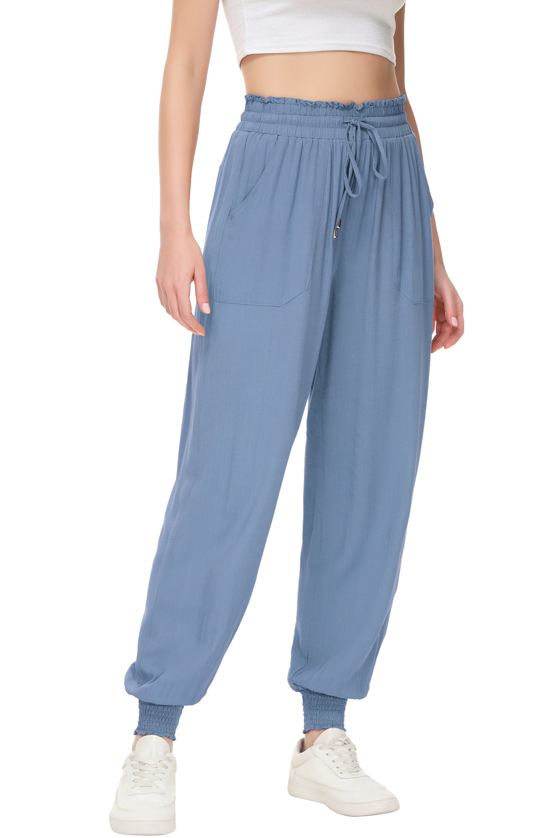 Pantalones de salón de verano para mujer de Anna-Kaci, pantalones casuales holgados de cintura alta, pantalones de chándal ajustados con cordón y bolsillos