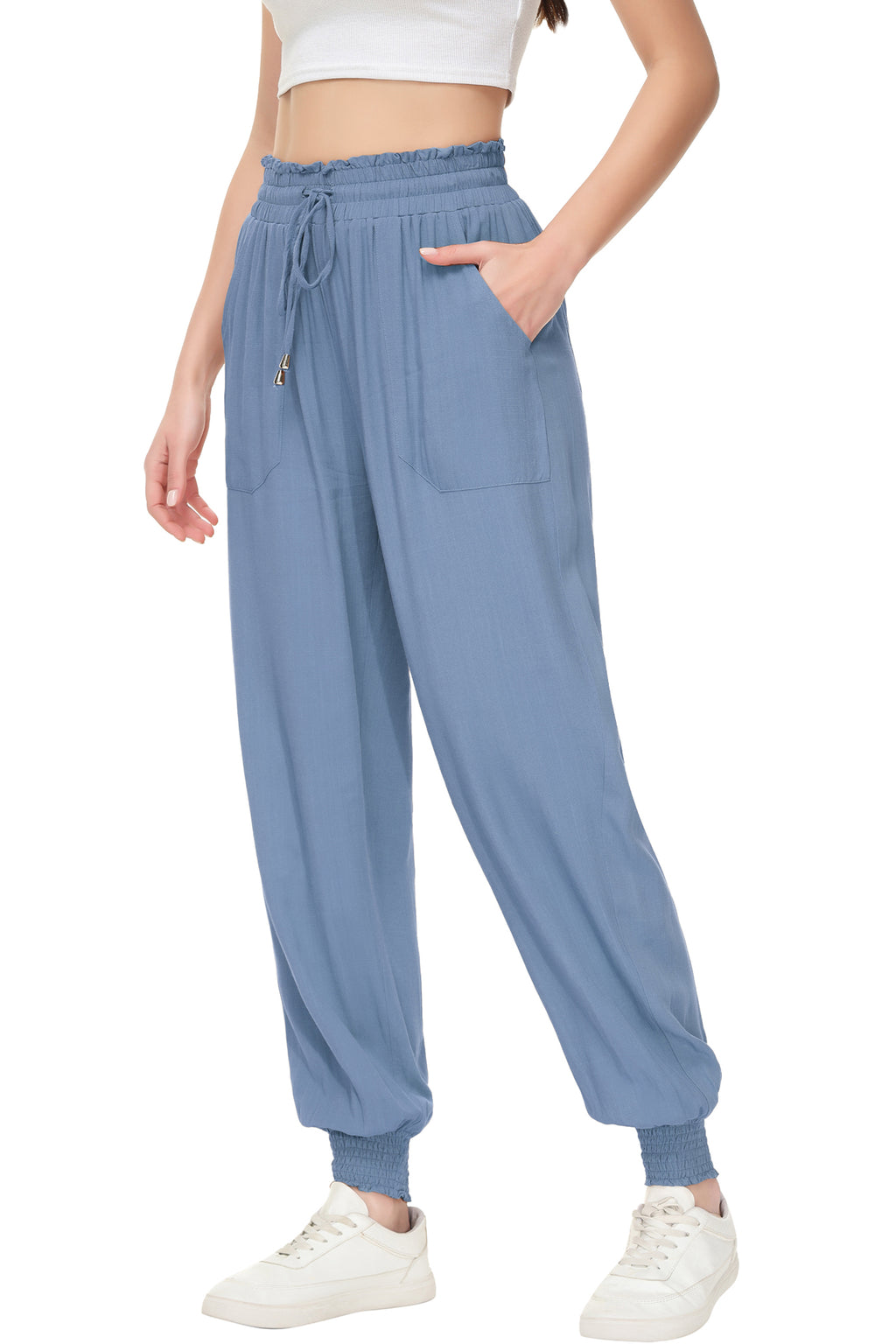 Pantalones de salón de verano para mujer de Anna-Kaci, pantalones casuales holgados de cintura alta, pantalones de chándal ajustados con cordón y bolsillos