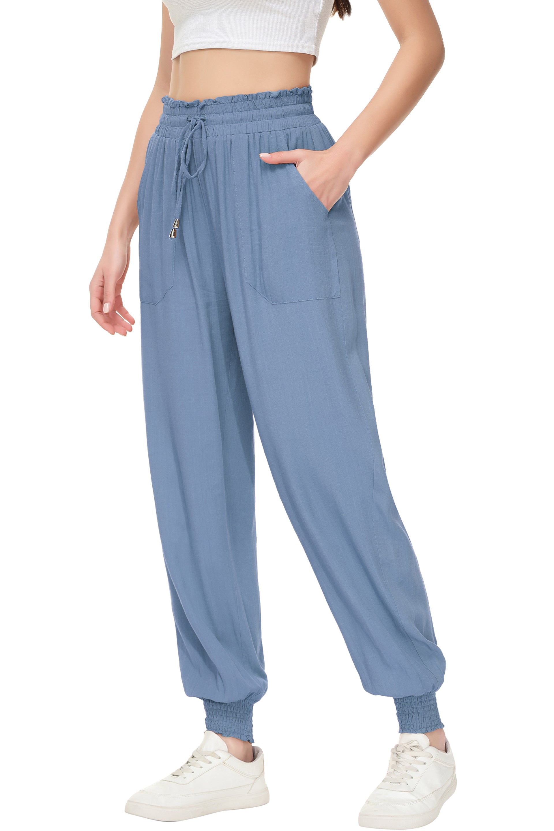 Pantalones de salón de verano para mujer de Anna-Kaci, pantalones casuales holgados de cintura alta, pantalones de chándal ajustados con cordón y bolsillos