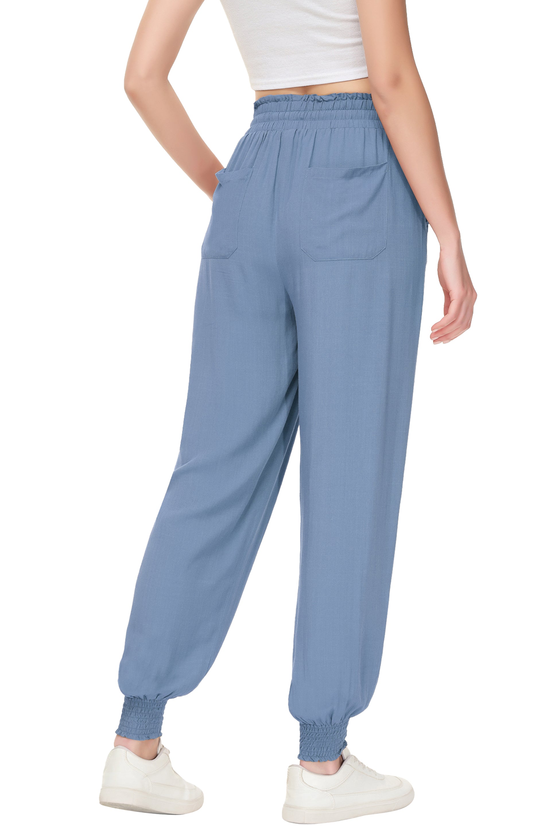 Pantalones de salón de verano para mujer de Anna-Kaci, pantalones casuales holgados de cintura alta, pantalones de chándal ajustados con cordón y bolsillos