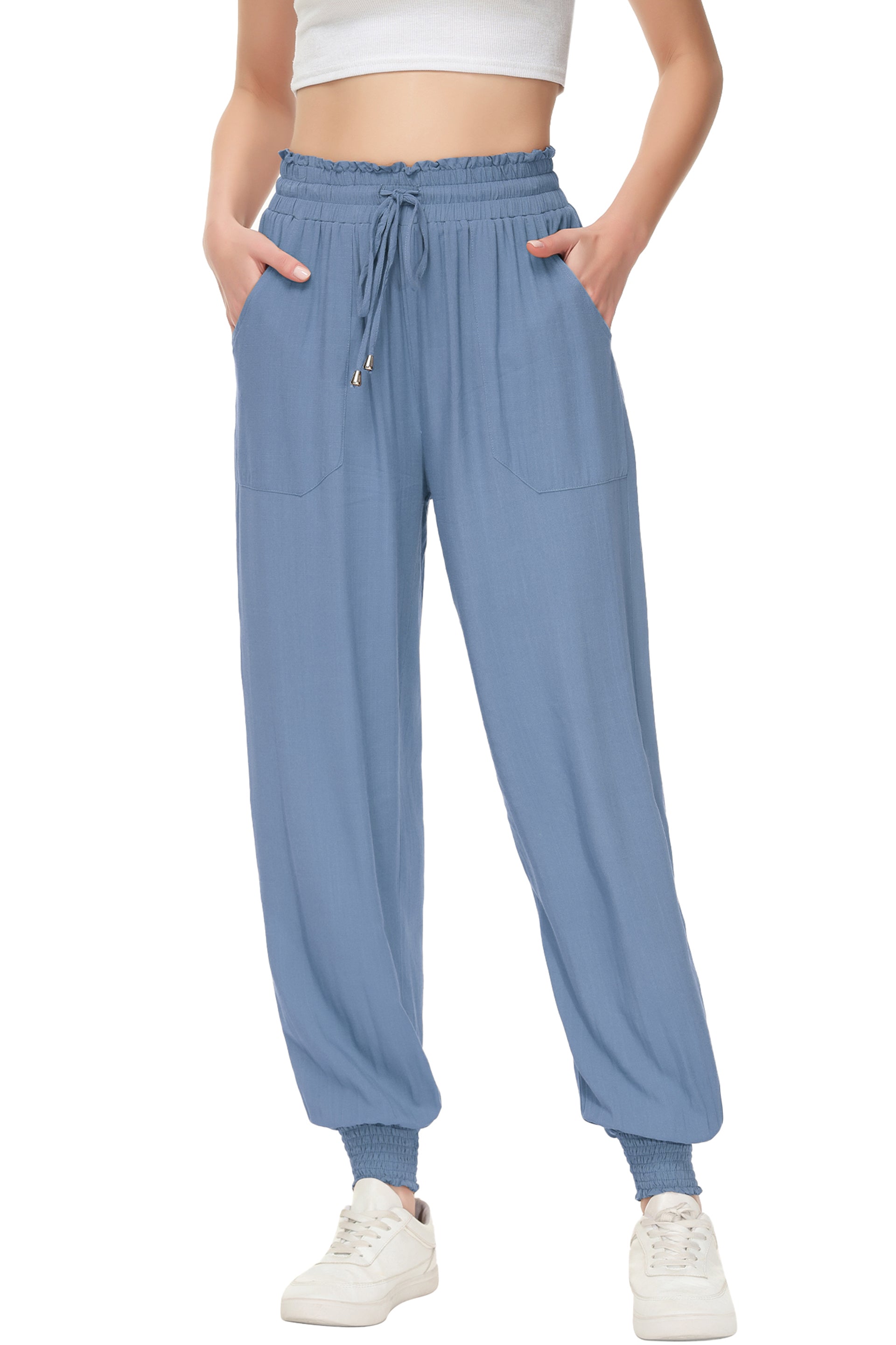 Pantalones de salón de verano para mujer de Anna-Kaci, pantalones casuales holgados de cintura alta, pantalones de chándal ajustados con cordón y bolsillos