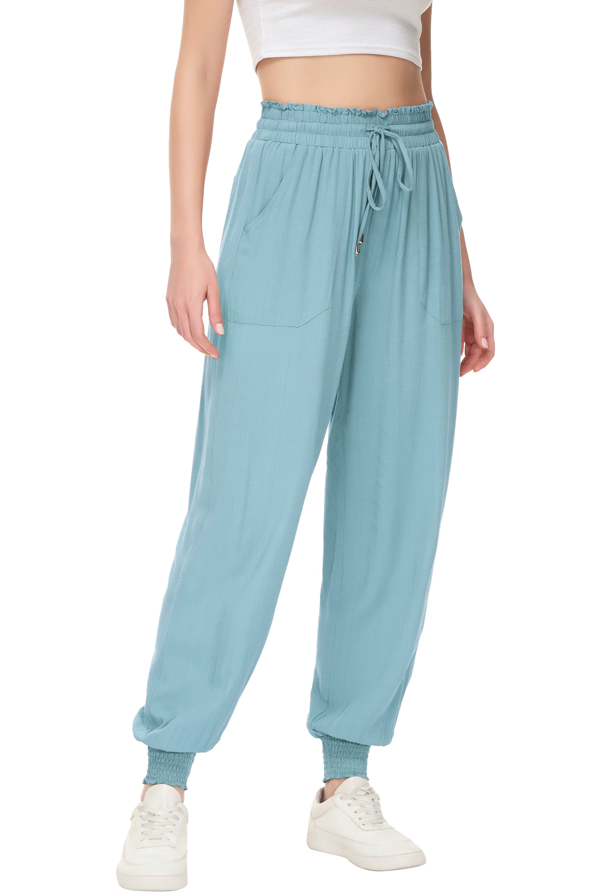 Pantalones de salón de verano para mujer de Anna-Kaci, pantalones casuales holgados de cintura alta, pantalones de chándal ajustados con cordón y bolsillos