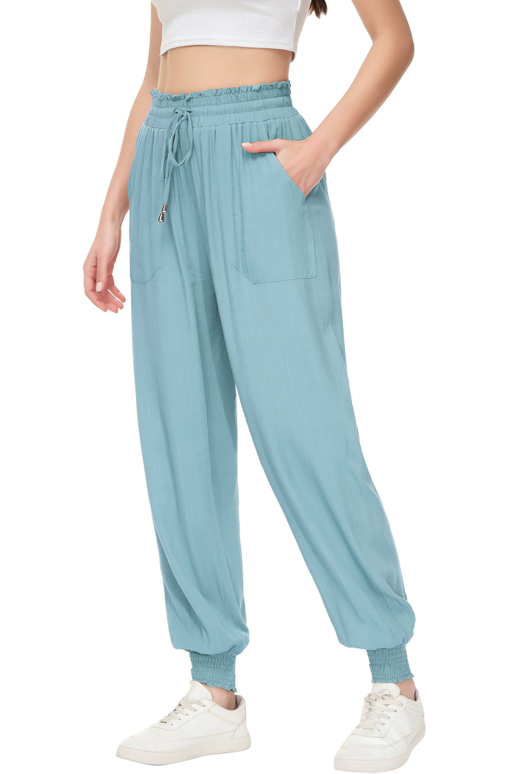 Pantalones de salón de verano para mujer de Anna-Kaci, pantalones casuales holgados de cintura alta, pantalones de chándal ajustados con cordón y bolsillos