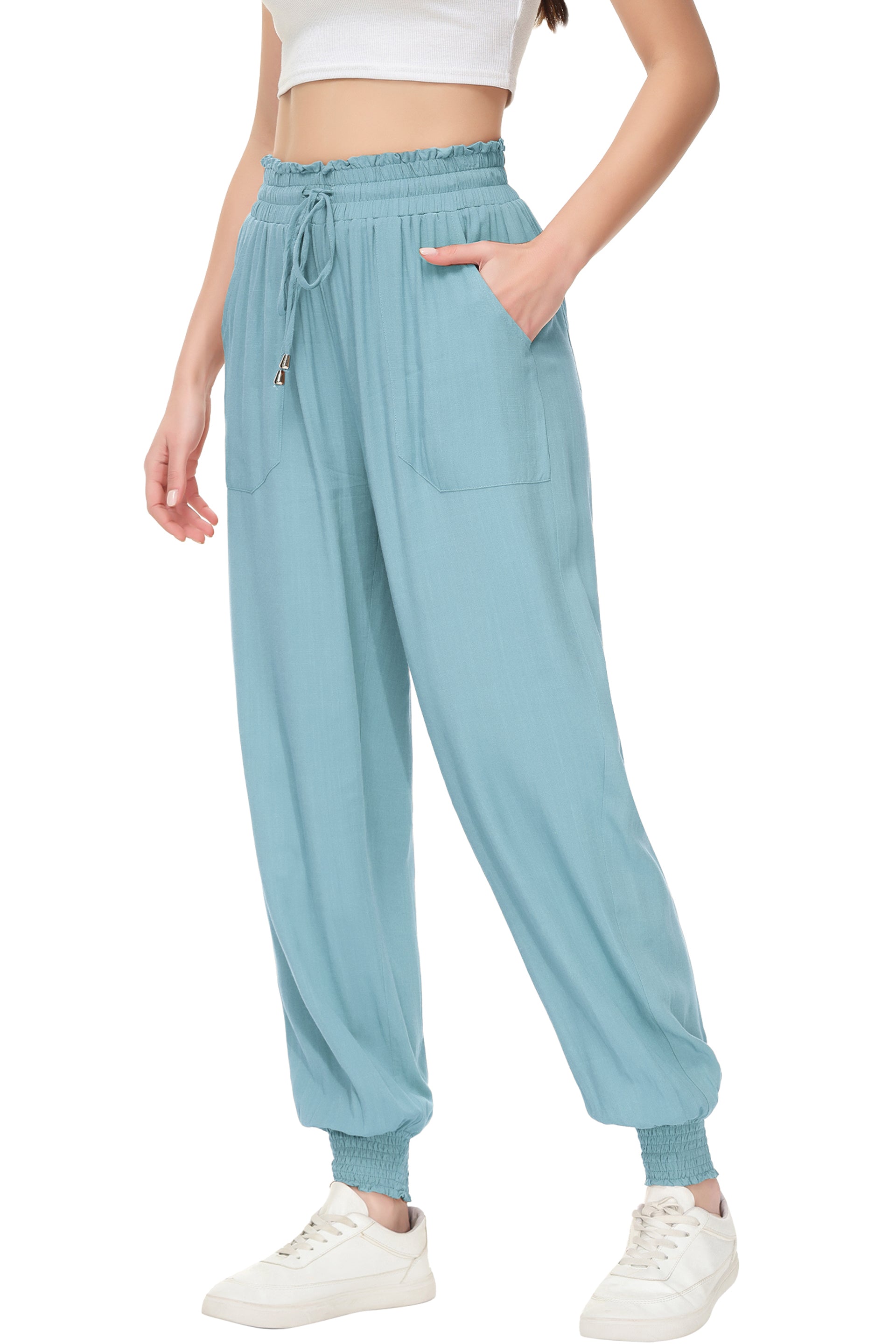 Pantalones de salón de verano para mujer de Anna-Kaci, pantalones casuales holgados de cintura alta, pantalones de chándal ajustados con cordón y bolsillos