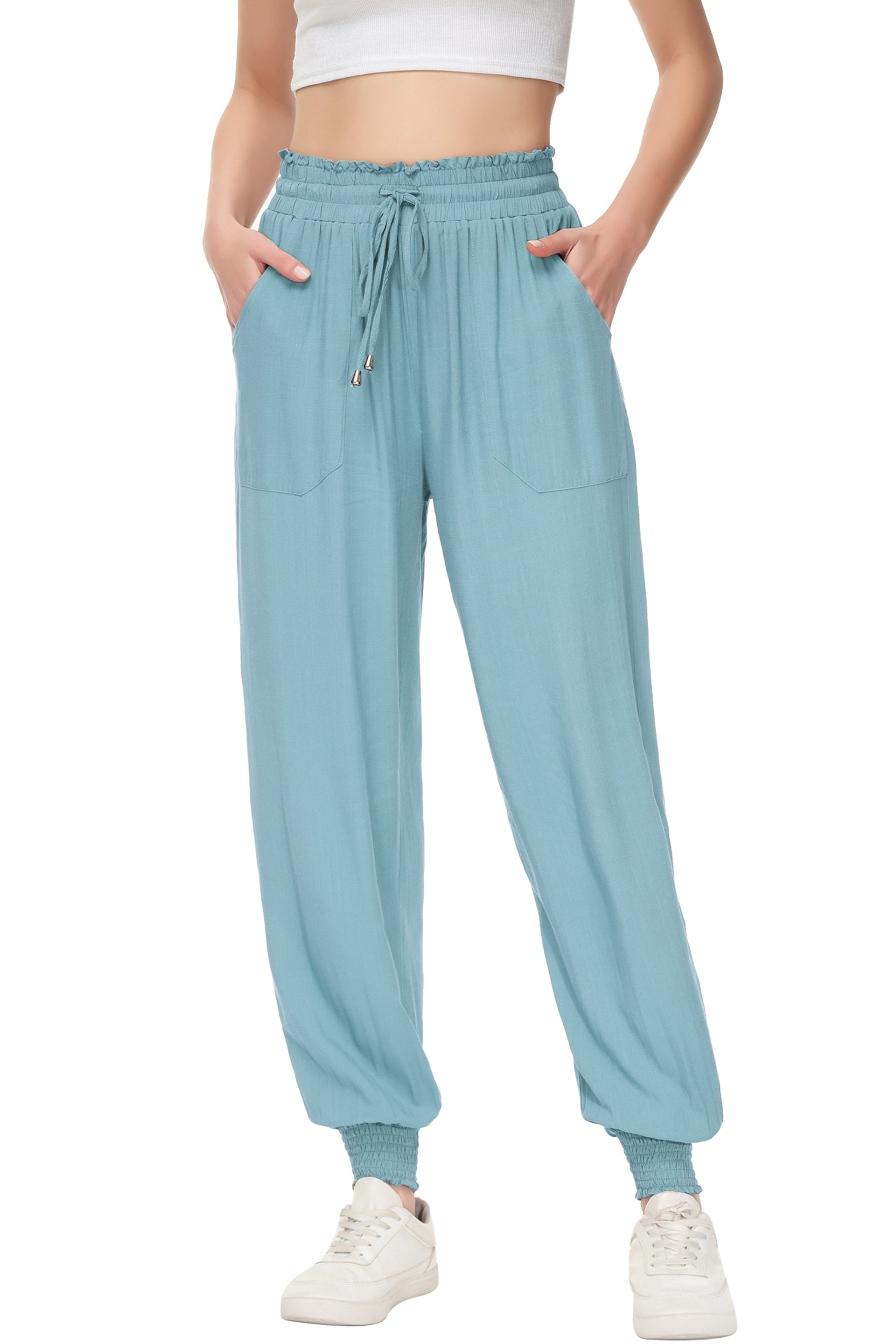 Pantalones de salón de verano para mujer de Anna-Kaci, pantalones casuales holgados de cintura alta, pantalones de chándal ajustados con cordón y bolsillos