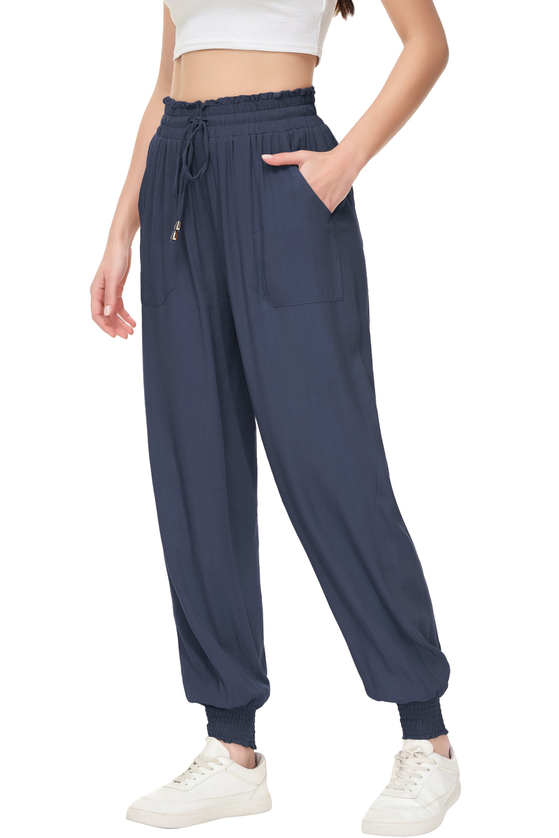 Pantalones de salón de verano para mujer de Anna-Kaci, pantalones casuales holgados de cintura alta, pantalones de chándal ajustados con cordón y bolsillos