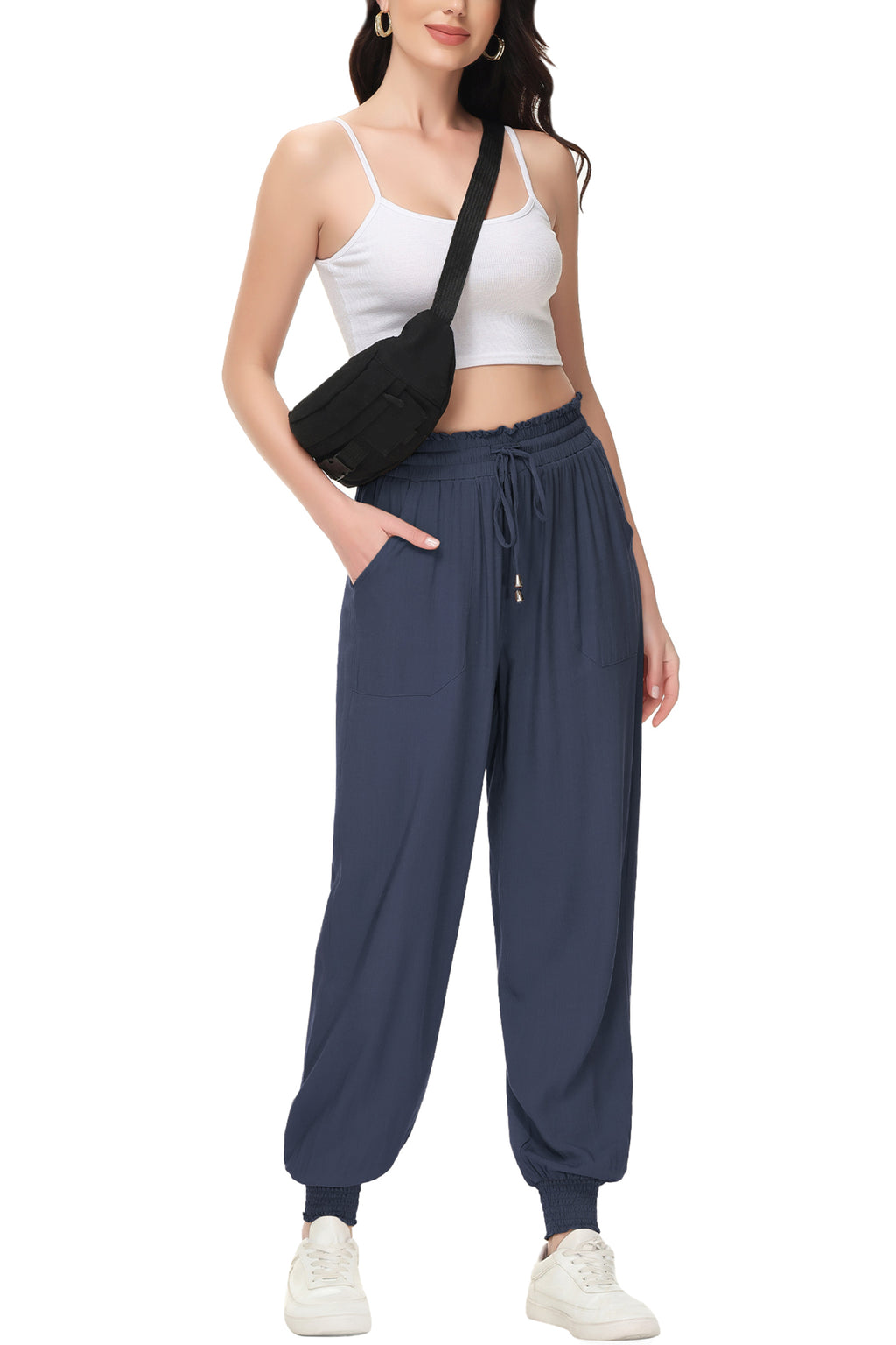 Pantalones de salón de verano para mujer de Anna-Kaci, pantalones casuales holgados de cintura alta, pantalones de chándal ajustados con cordón y bolsillos