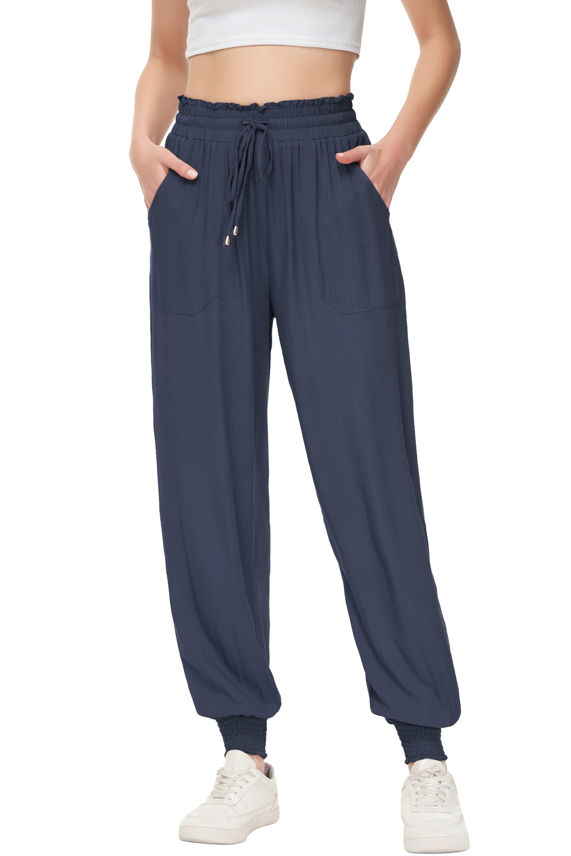 Pantalones de salón de verano para mujer de Anna-Kaci, pantalones casuales holgados de cintura alta, pantalones de chándal ajustados con cordón y bolsillos