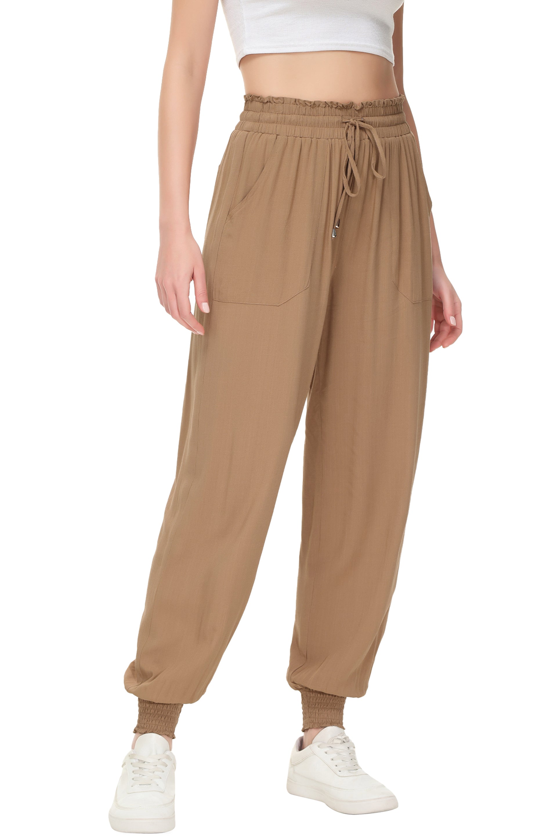 Pantalones de salón de verano para mujer de Anna-Kaci, pantalones casuales holgados de cintura alta, pantalones de chándal ajustados con cordón y bolsillos