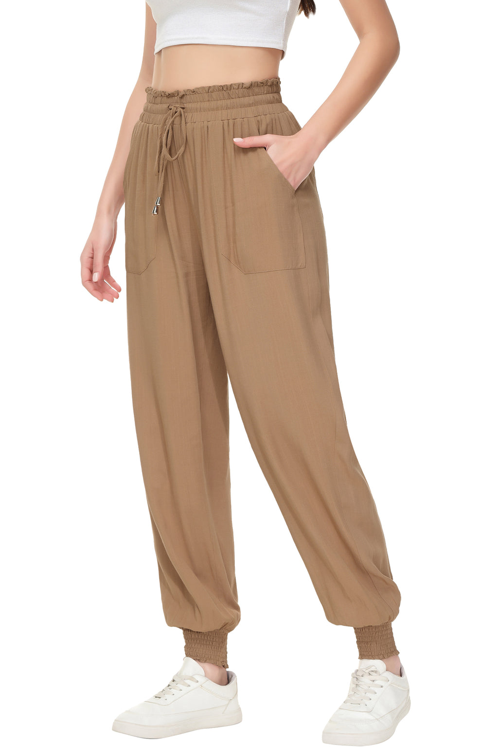 Pantalones de salón de verano para mujer de Anna-Kaci, pantalones casuales holgados de cintura alta, pantalones de chándal ajustados con cordón y bolsillos