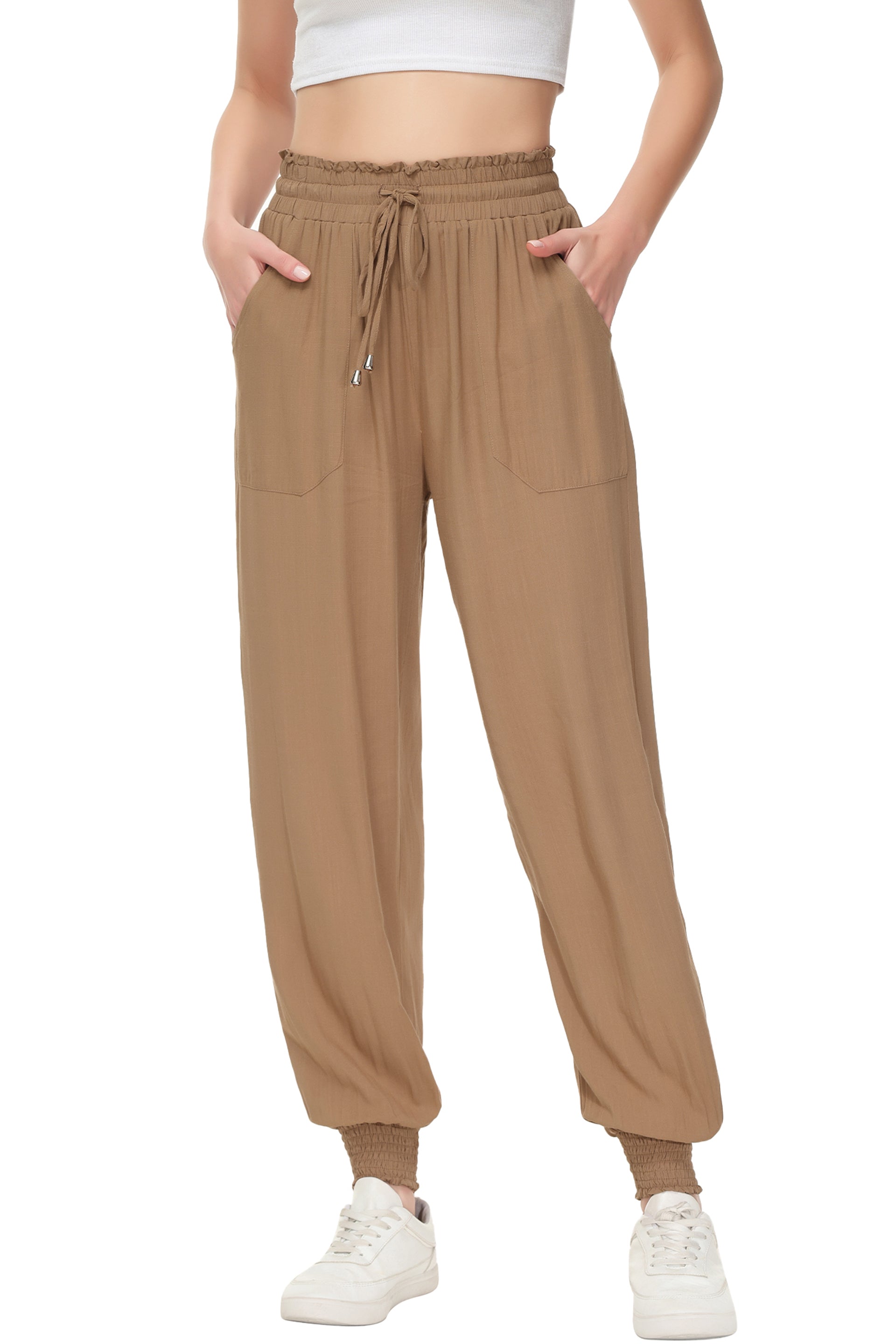Pantalones de salón de verano para mujer de Anna-Kaci, pantalones casuales holgados de cintura alta, pantalones de chándal ajustados con cordón y bolsillos