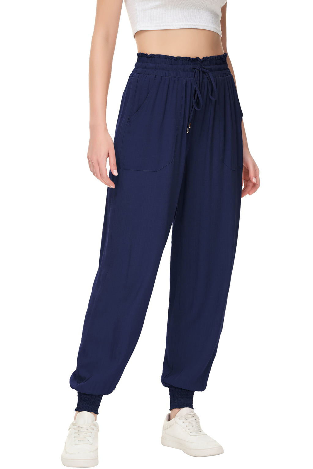 Pantalones de salón de verano para mujer de Anna-Kaci, pantalones casuales holgados de cintura alta, pantalones de chándal ajustados con cordón y bolsillos