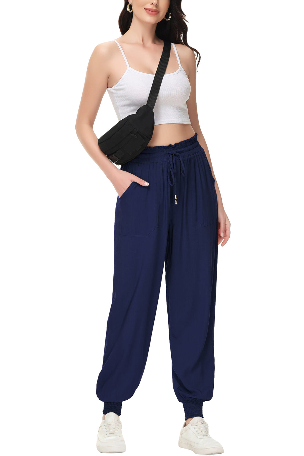 Pantalones de salón de verano para mujer de Anna-Kaci, pantalones casuales holgados de cintura alta, pantalones de chándal ajustados con cordón y bolsillos