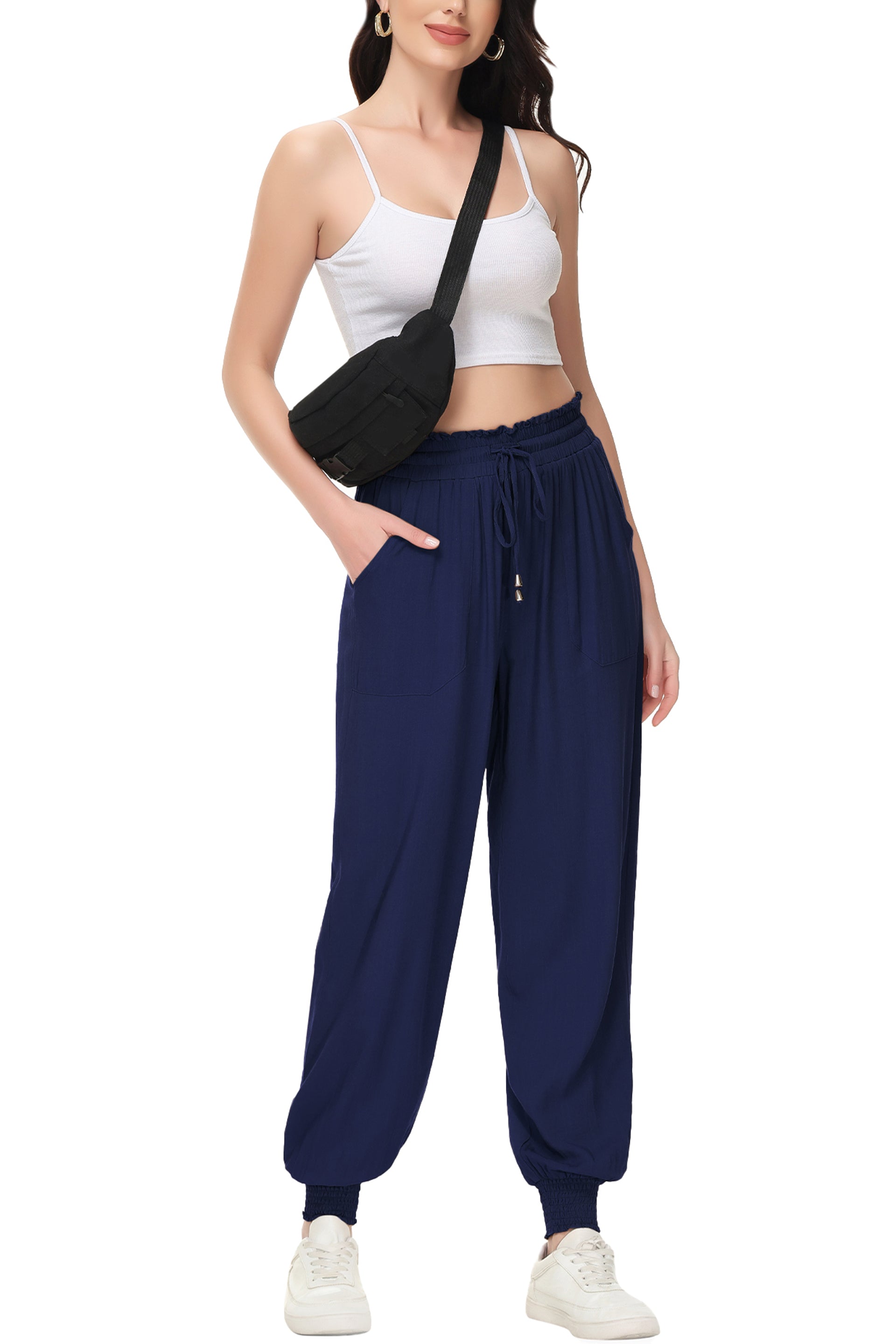 Pantalones de salón de verano para mujer de Anna-Kaci, pantalones casuales holgados de cintura alta, pantalones de chándal ajustados con cordón y bolsillos