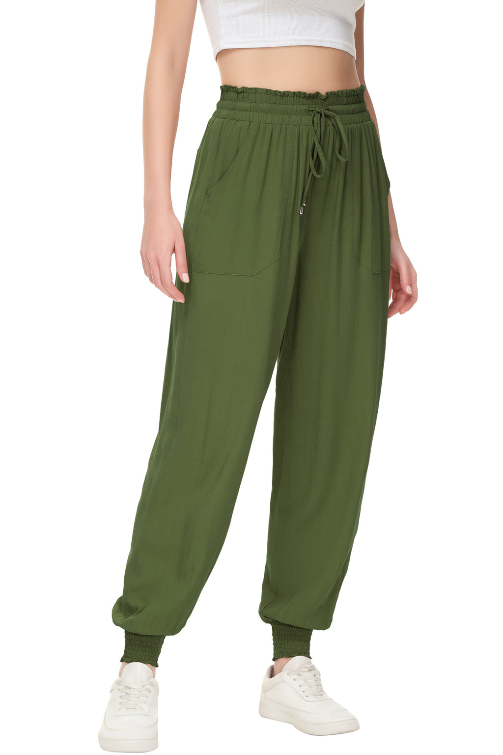 Pantalones de salón de verano para mujer de Anna-Kaci, pantalones casuales holgados de cintura alta, pantalones de chándal ajustados con cordón y bolsillos