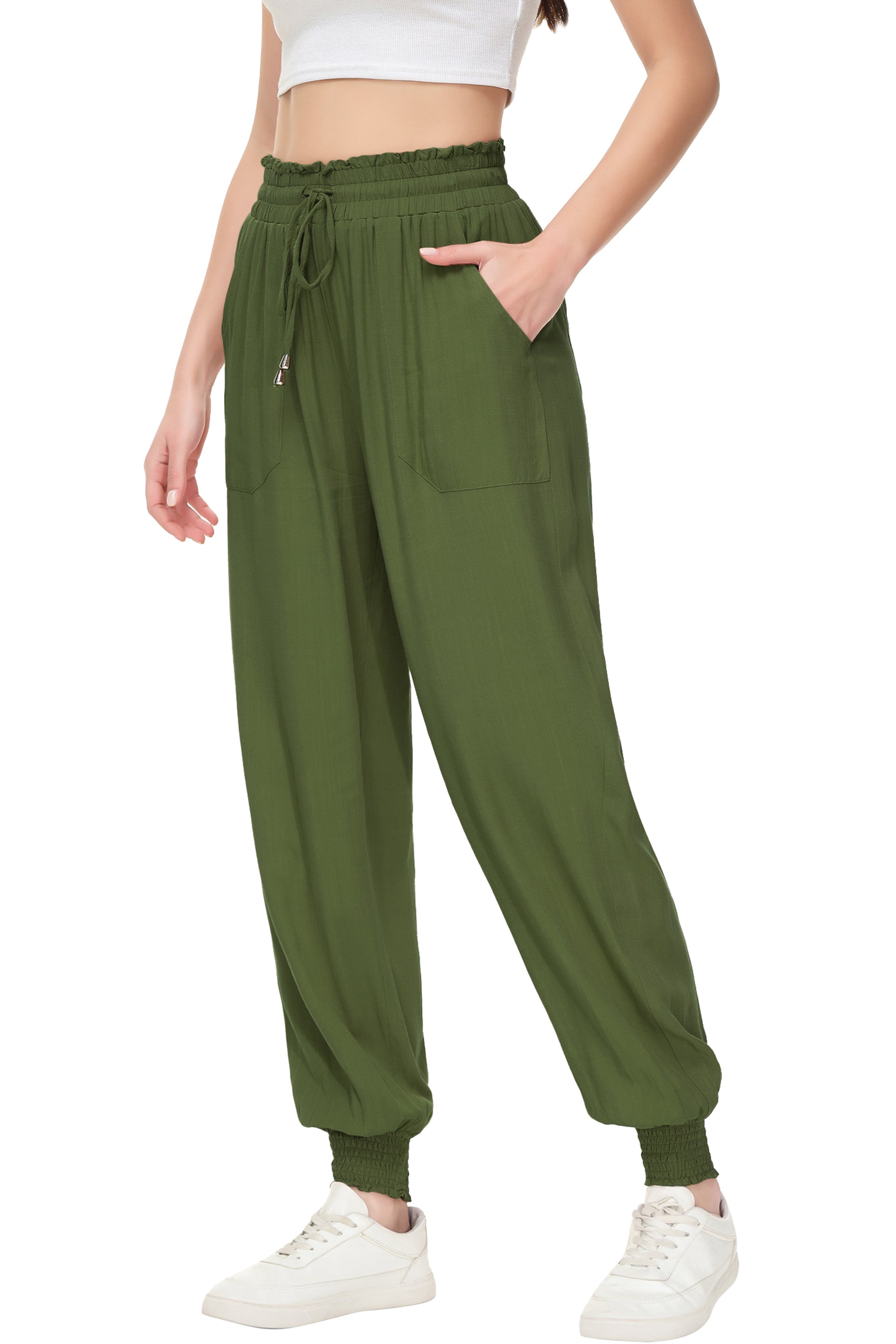 Pantalones de salón de verano para mujer de Anna-Kaci, pantalones casuales holgados de cintura alta, pantalones de chándal ajustados con cordón y bolsillos