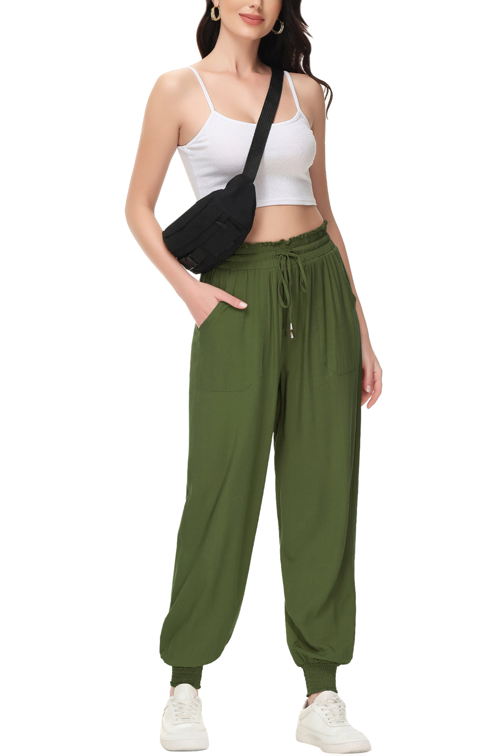 Pantalones de salón de verano para mujer de Anna-Kaci, pantalones casuales holgados de cintura alta, pantalones de chándal ajustados con cordón y bolsillos