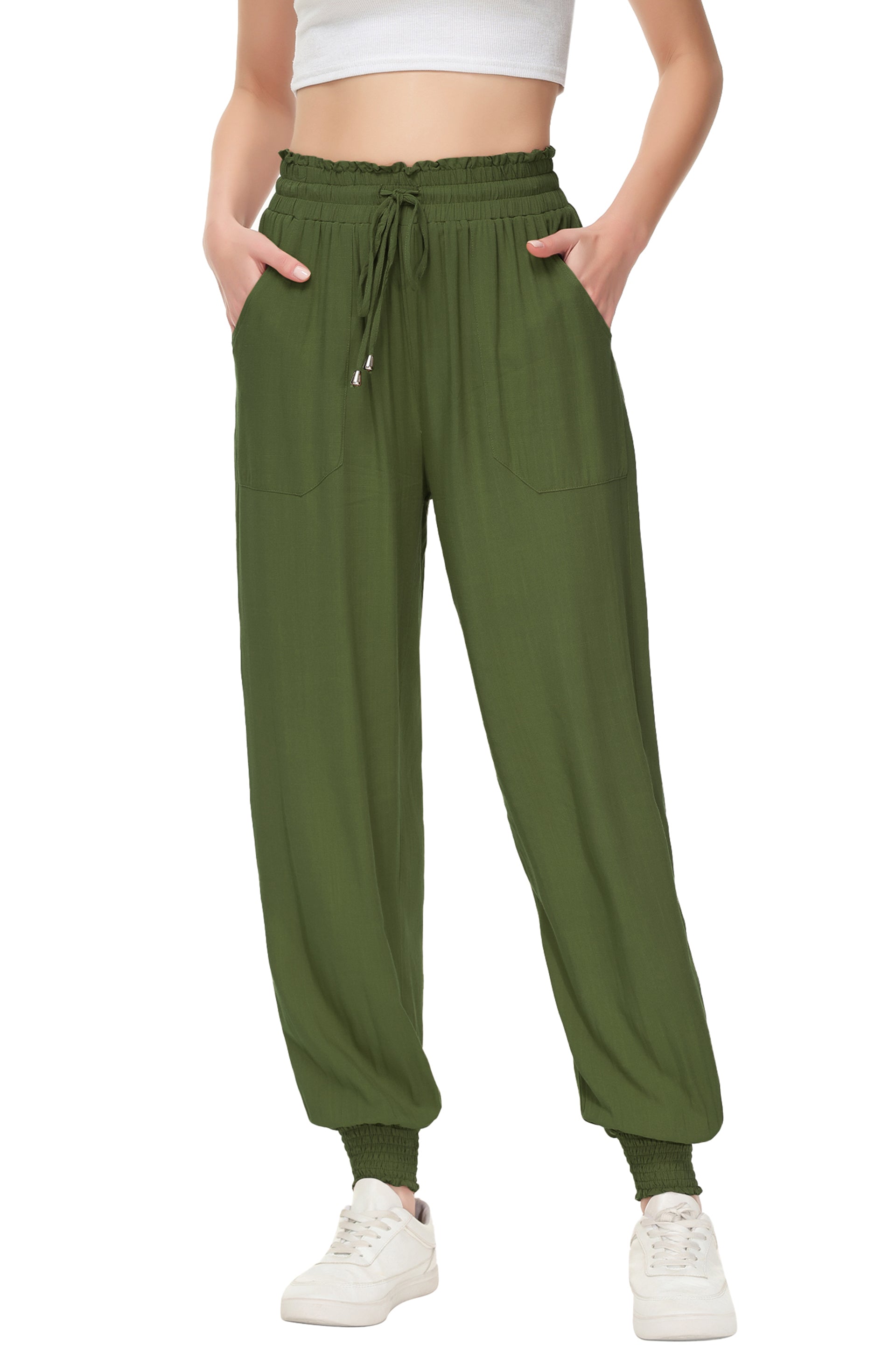 Pantalones de salón de verano para mujer de Anna-Kaci, pantalones casuales holgados de cintura alta, pantalones de chándal ajustados con cordón y bolsillos