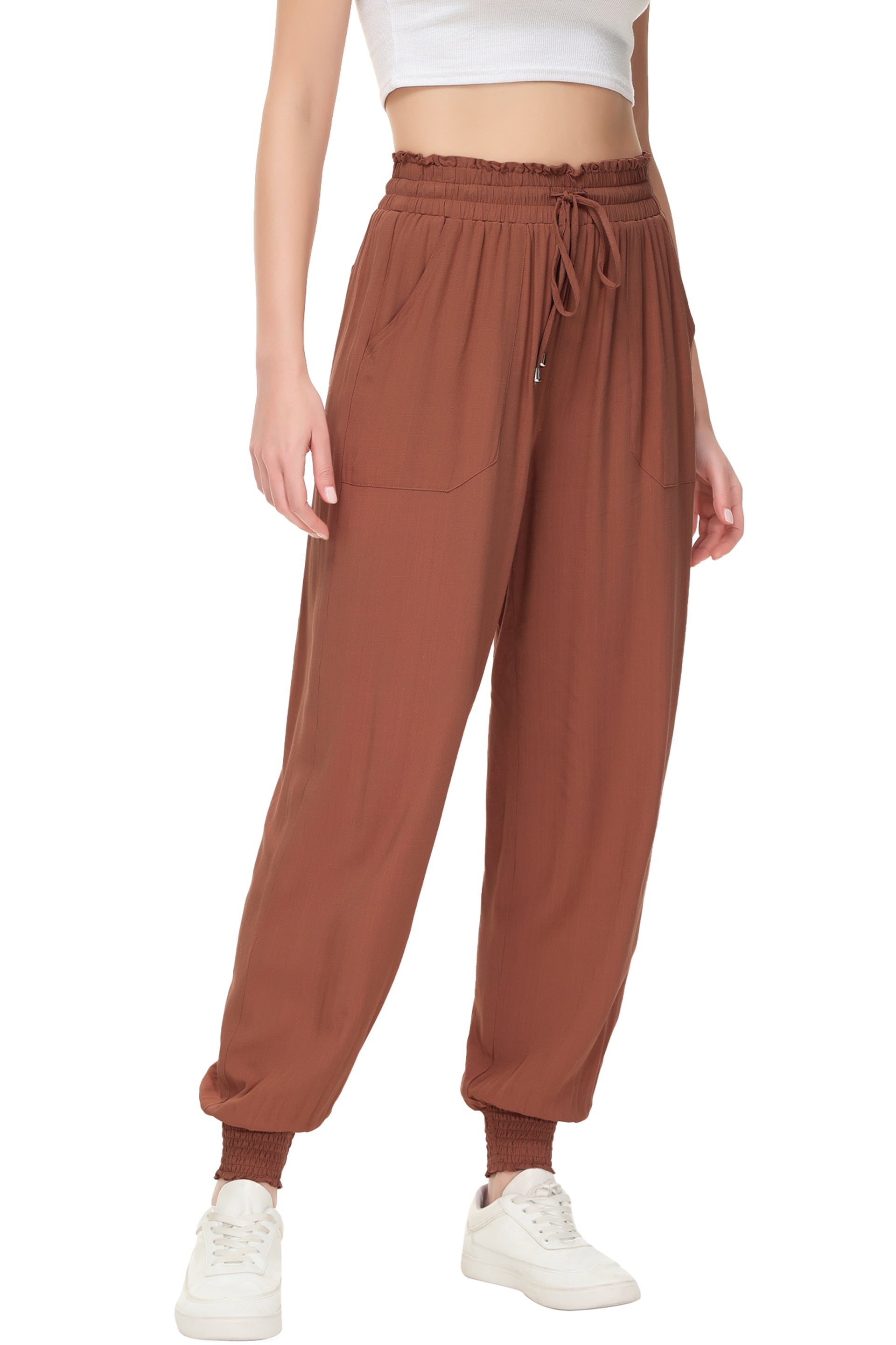 Pantalones de salón de verano para mujer de Anna-Kaci, pantalones casuales holgados de cintura alta, pantalones de chándal ajustados con cordón y bolsillos
