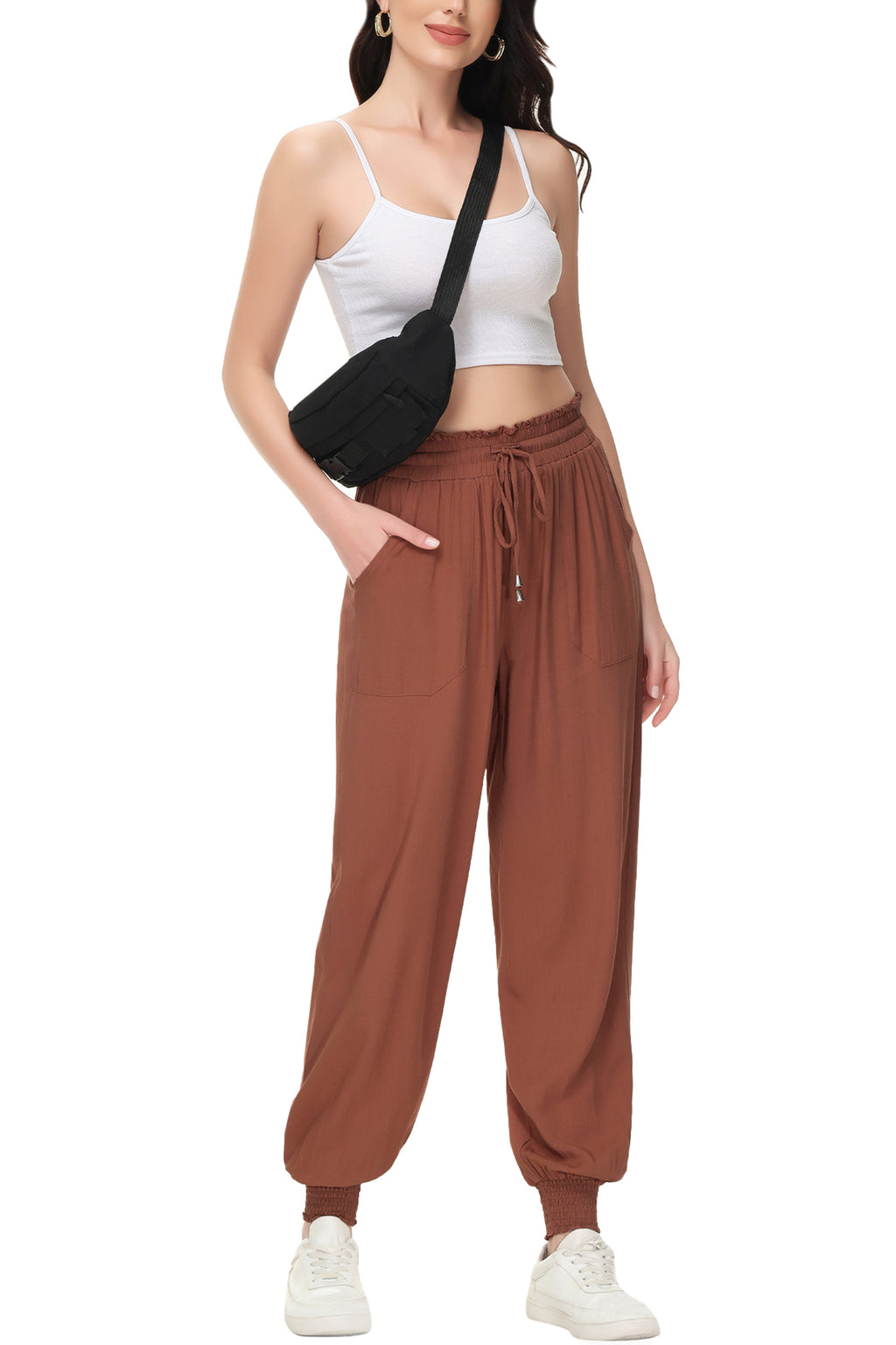 Pantalones de salón de verano para mujer de Anna-Kaci, pantalones casuales holgados de cintura alta, pantalones de chándal ajustados con cordón y bolsillos