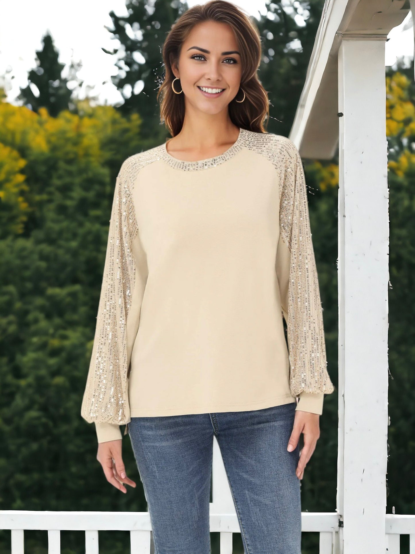 Blusa informal de manga larga con lentejuelas y globos para mujer de Anna-Kaci, holgada, con cuello redondo y a juego para fiestas