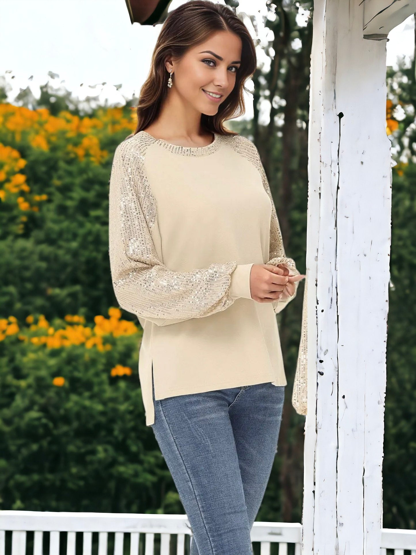 Blusa informal de manga larga con lentejuelas y globos para mujer de Anna-Kaci, holgada, con cuello redondo y a juego para fiestas