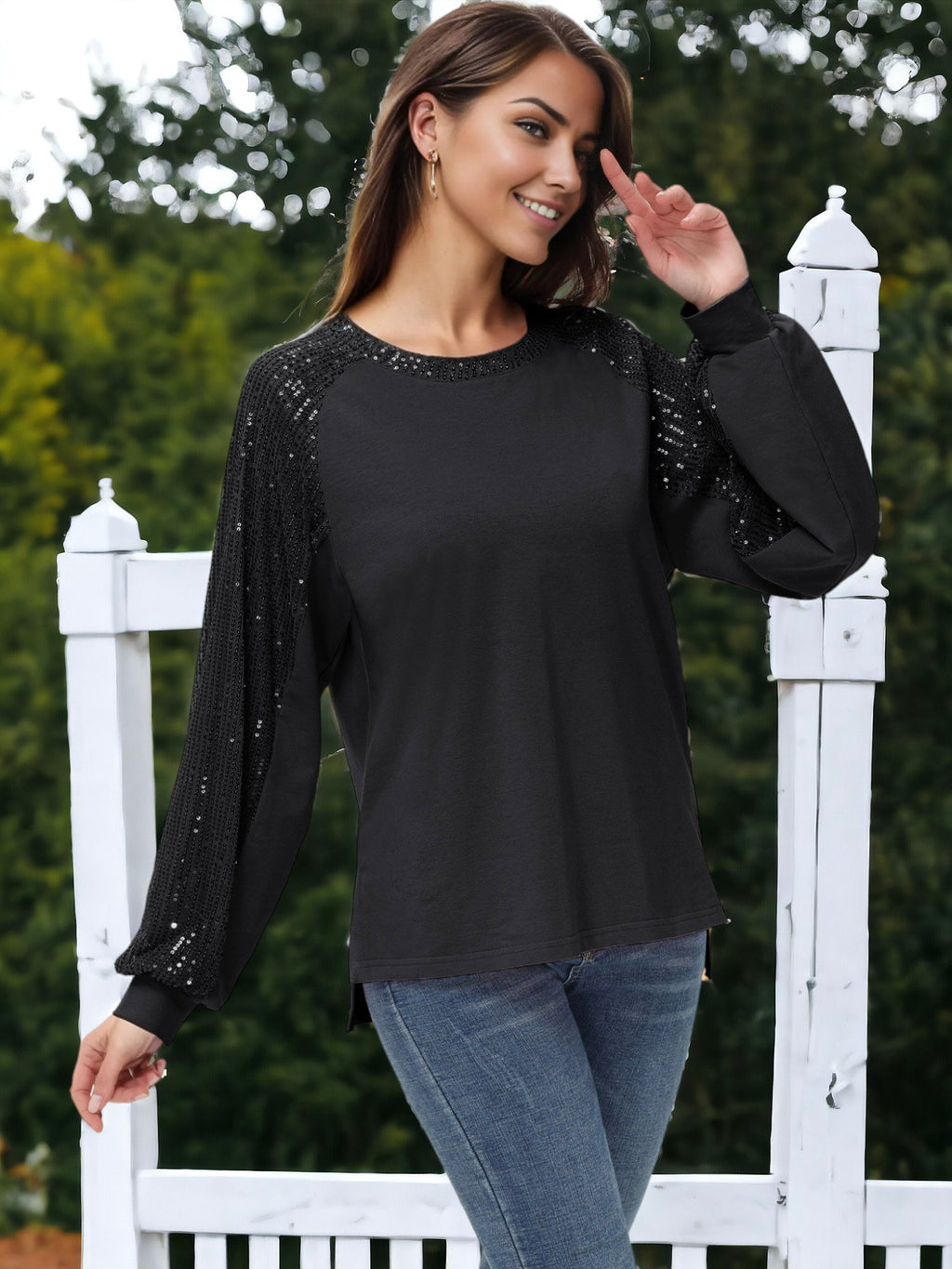 Blusa informal de manga larga con lentejuelas y globos para mujer de Anna-Kaci, holgada, con cuello redondo y a juego para fiestas