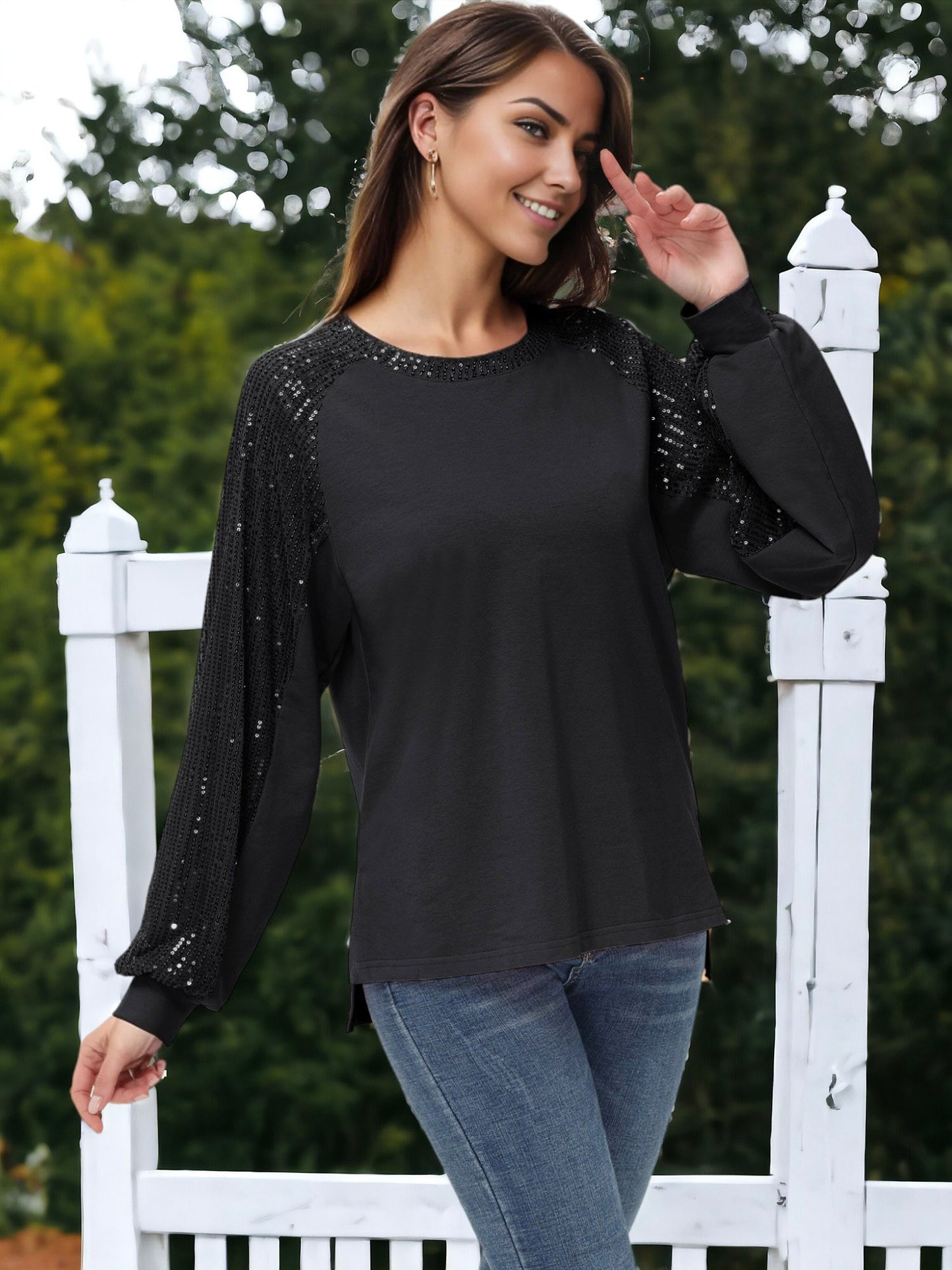 Blusa informal de manga larga con lentejuelas y globos para mujer de Anna-Kaci, holgada, con cuello redondo y a juego para fiestas