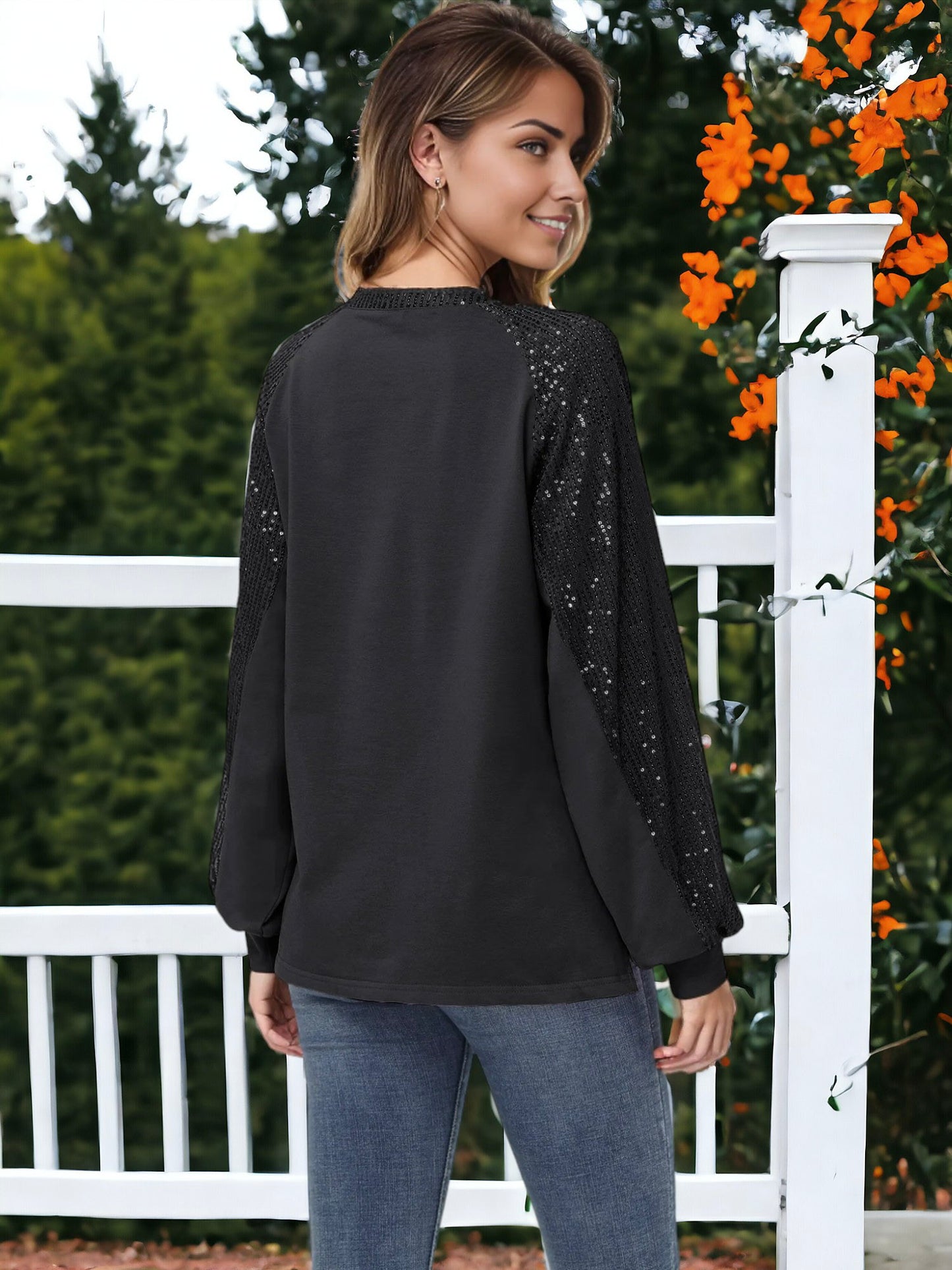 Blusa informal de manga larga con lentejuelas y globos para mujer de Anna-Kaci, holgada, con cuello redondo y a juego para fiestas