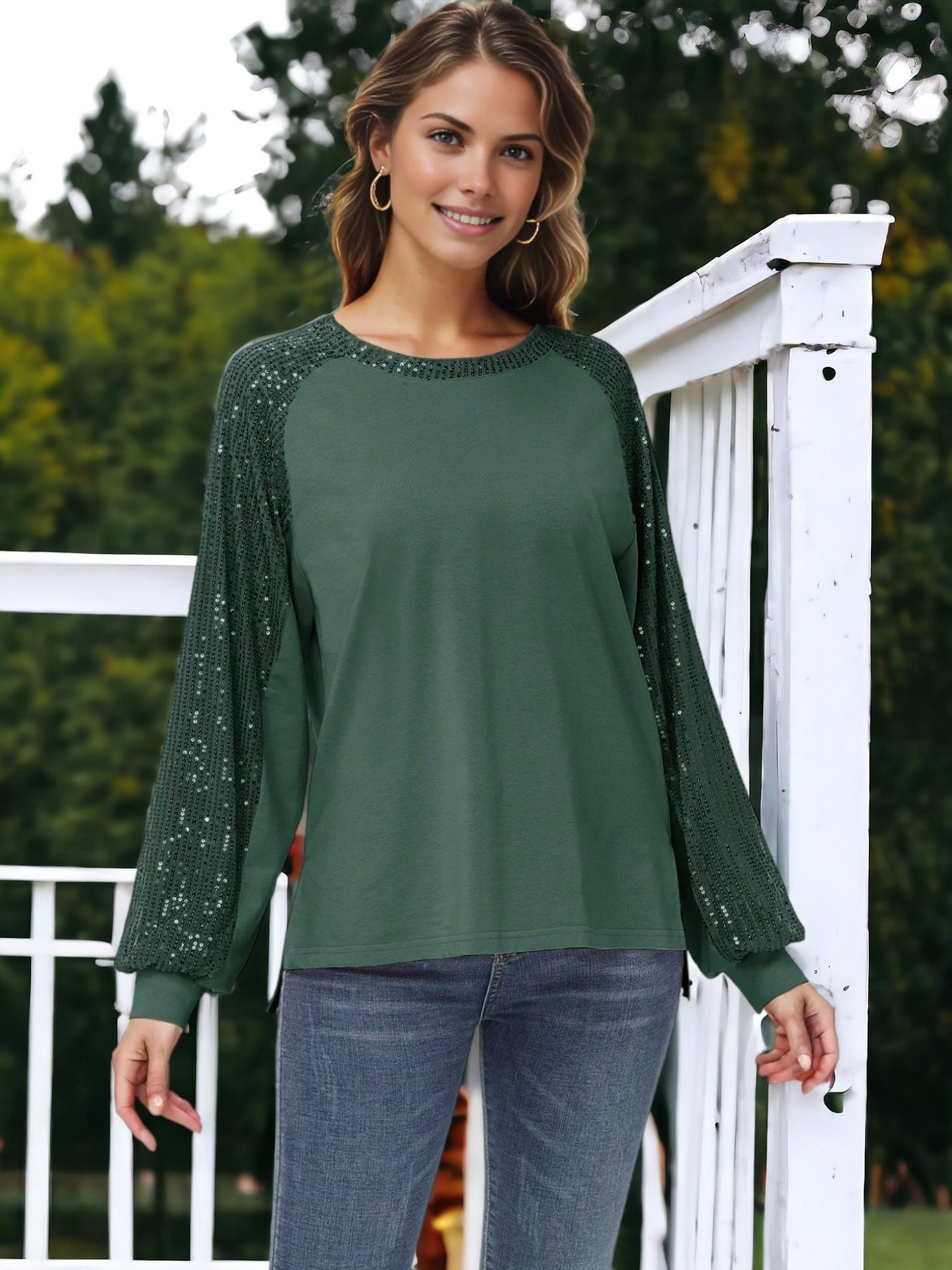 Blusa informal de manga larga con lentejuelas y globos para mujer de Anna-Kaci, holgada, con cuello redondo y a juego para fiestas