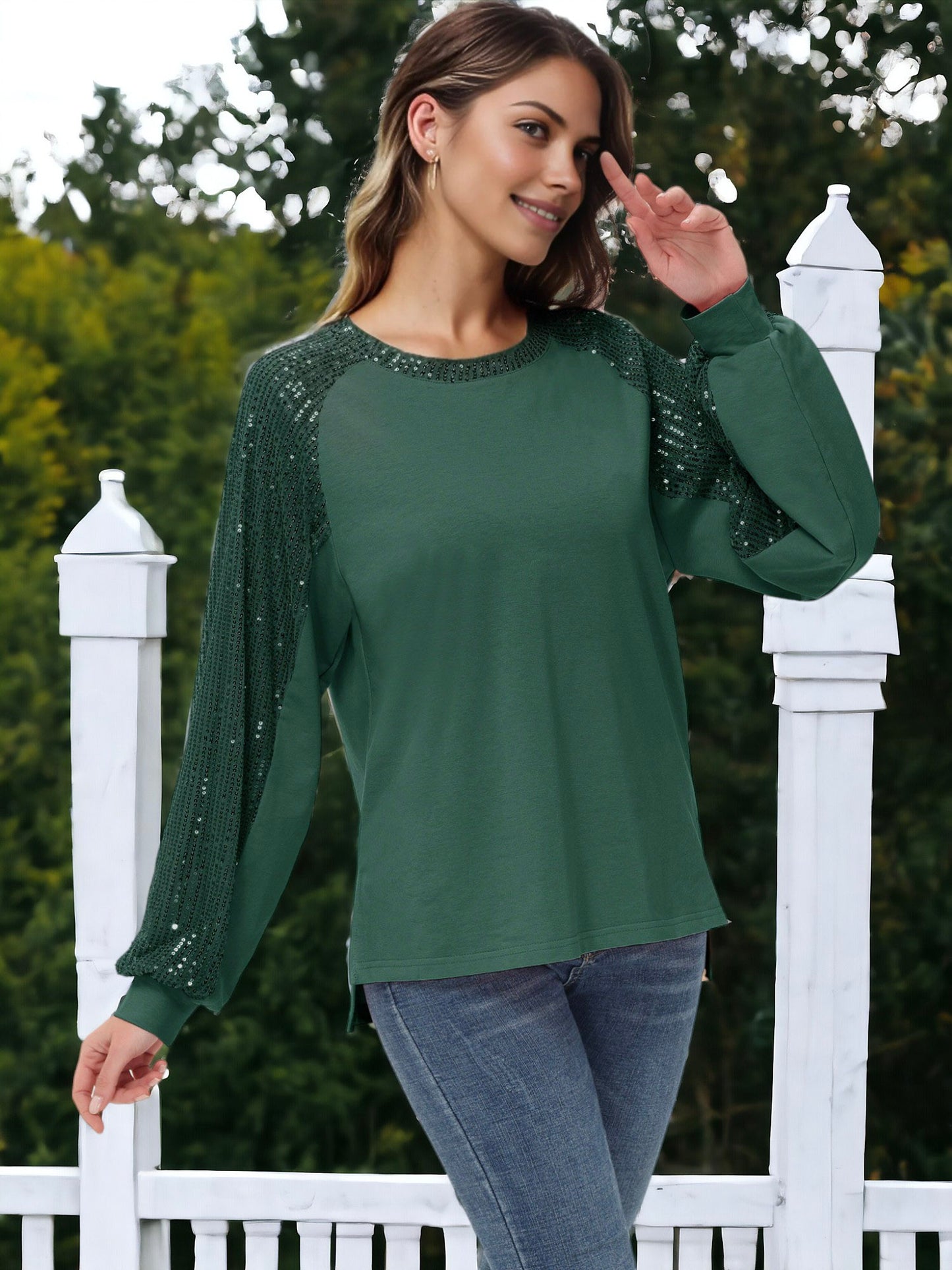Blusa informal de manga larga con lentejuelas y globos para mujer de Anna-Kaci, holgada, con cuello redondo y a juego para fiestas