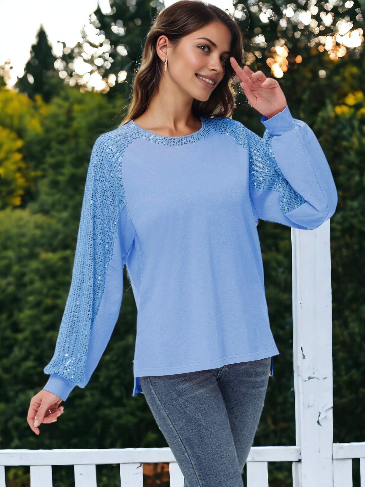 Blusa informal de manga larga con lentejuelas y globos para mujer de Anna-Kaci, holgada, con cuello redondo y a juego para fiestas