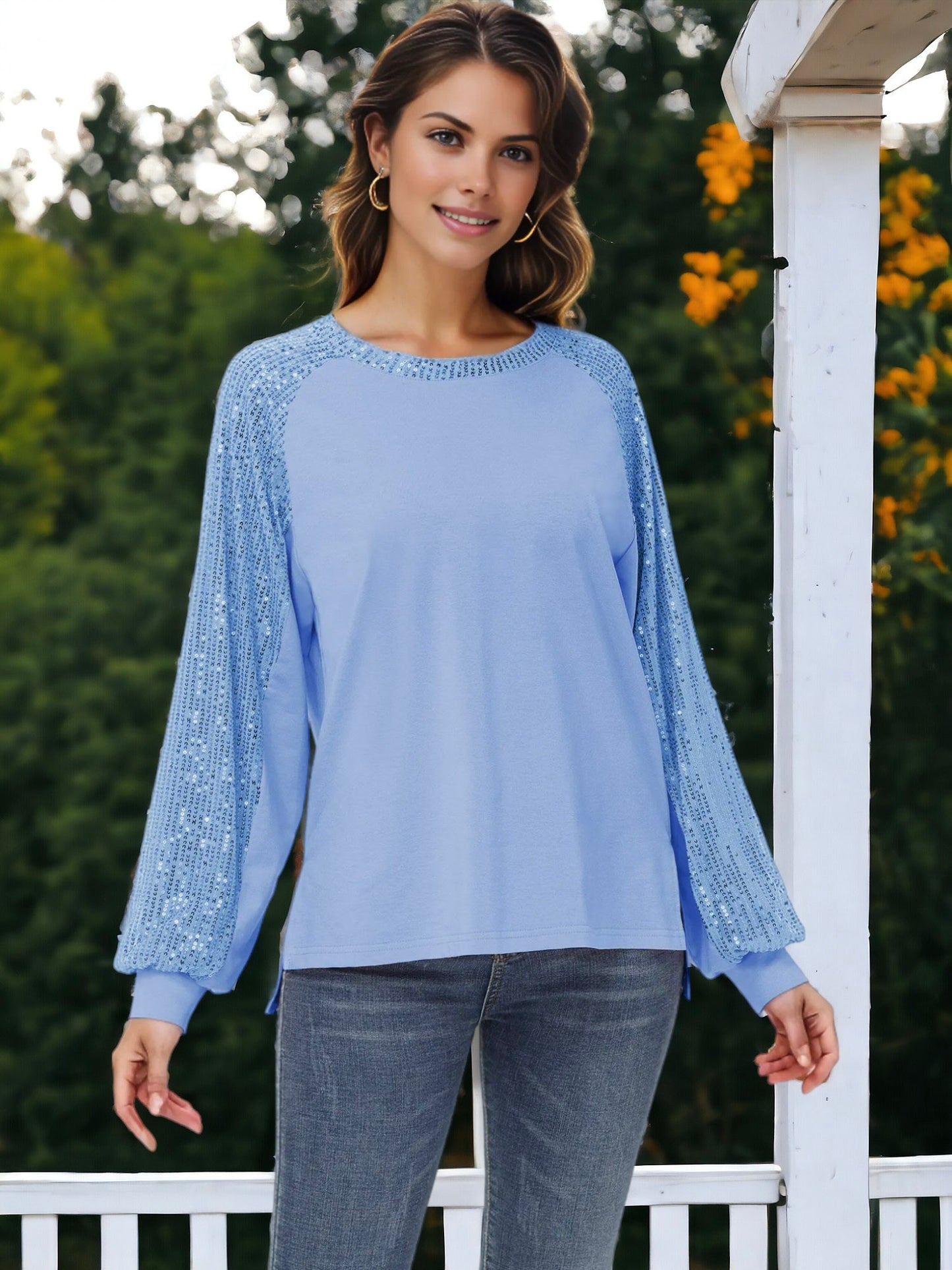 Blusa informal de manga larga con lentejuelas y globos para mujer de Anna-Kaci, holgada, con cuello redondo y a juego para fiestas