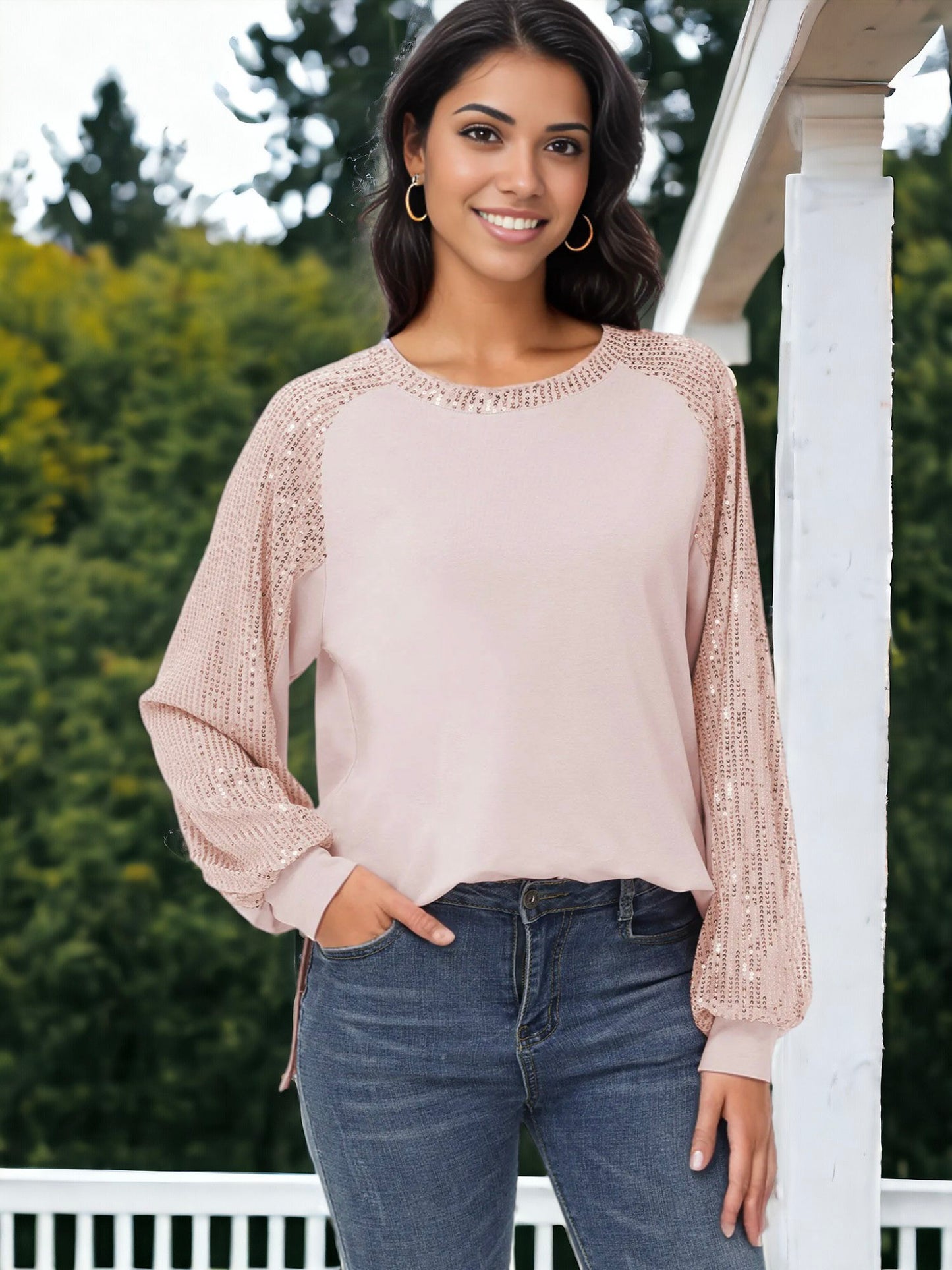 Blusa informal de manga larga con lentejuelas y globos para mujer de Anna-Kaci, holgada, con cuello redondo y a juego para fiestas