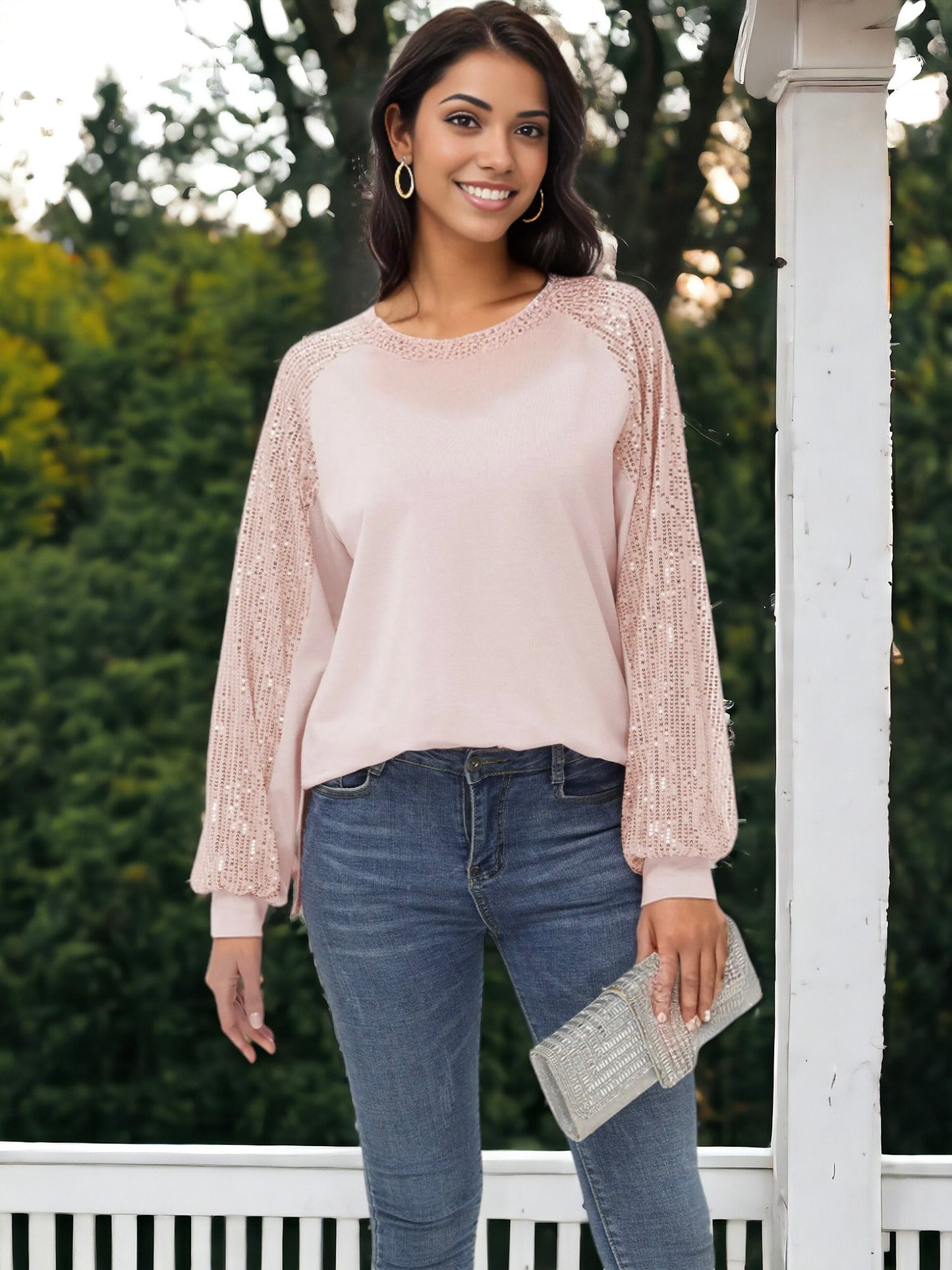 Blusa informal de manga larga con lentejuelas y globos para mujer de Anna-Kaci, holgada, con cuello redondo y a juego para fiestas