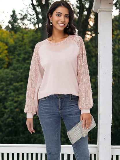 Blusa informal de manga larga con lentejuelas y globos para mujer de Anna-Kaci, holgada, con cuello redondo y a juego para fiestas