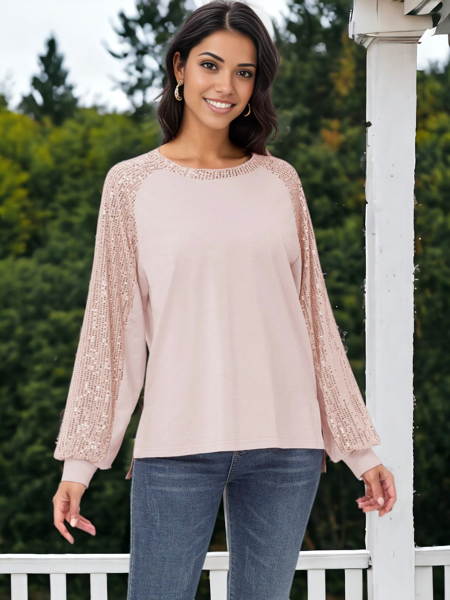 Blusa informal de manga larga con lentejuelas y globos para mujer de Anna-Kaci, holgada, con cuello redondo y a juego para fiestas